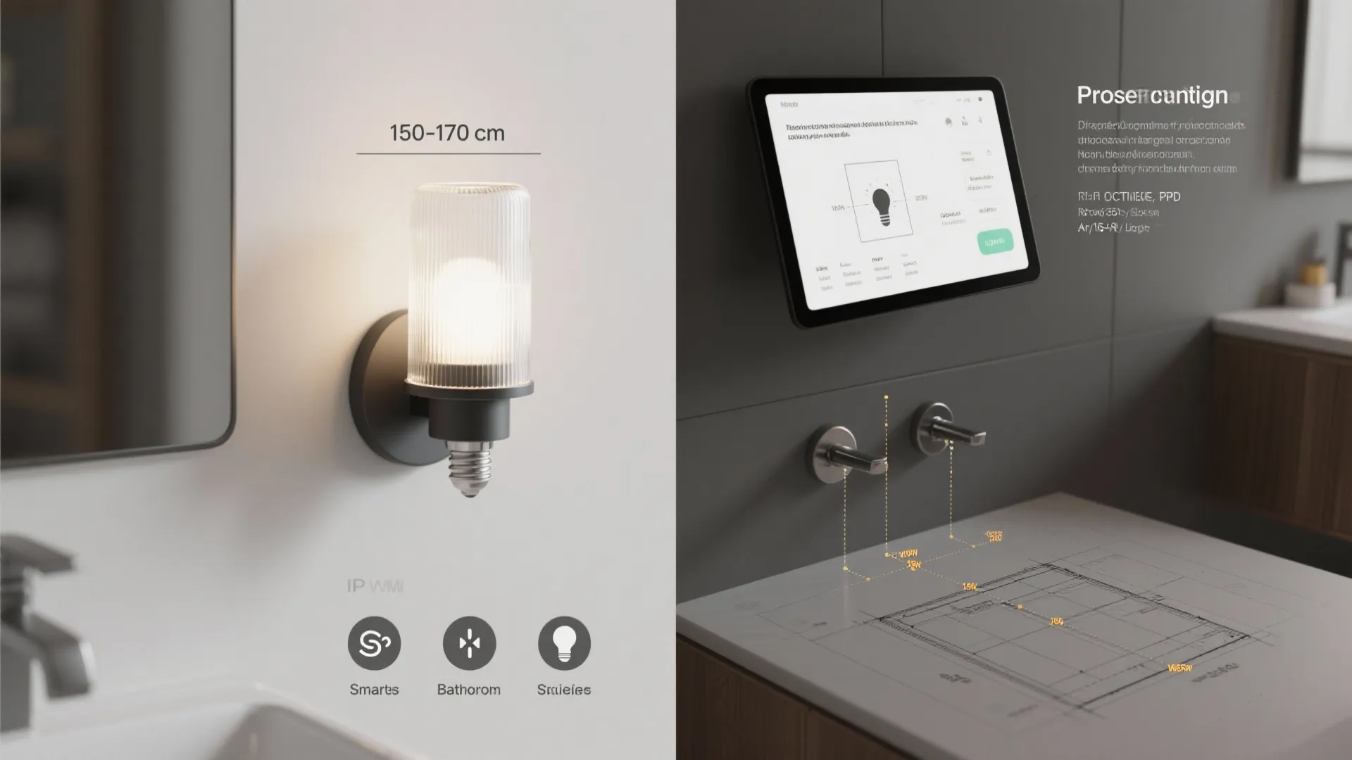 Smart wall light fixture and digital tablet displaying room light control settings in a modern bathroom