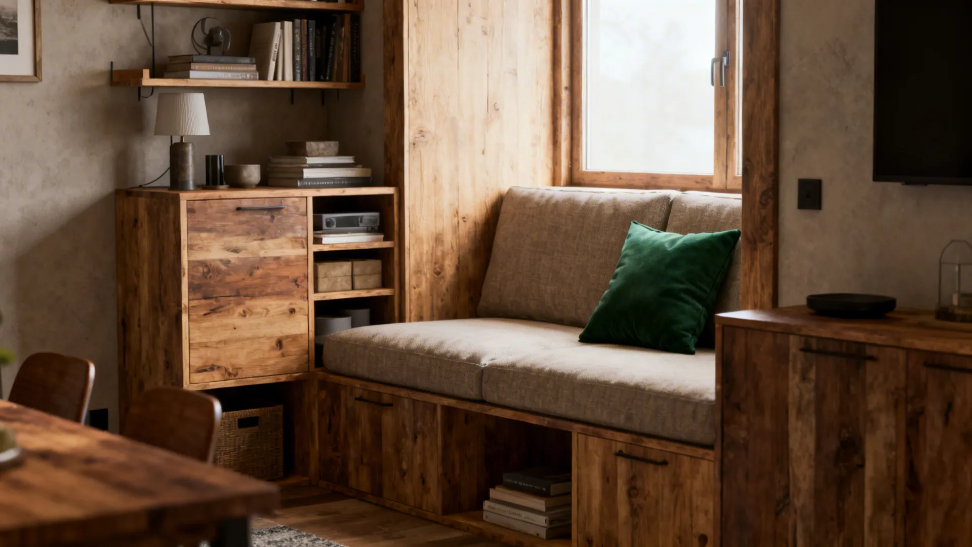 Compact modern rustic living room with natural materials, layered lighting, and a green accent pillow