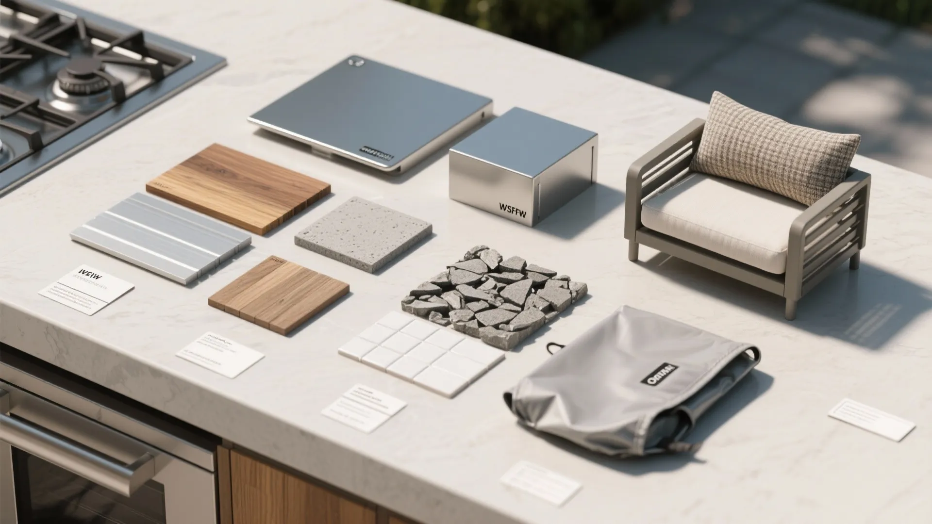 Close up of material samples including wood tiles stone and fabric on a white kitchen counter
