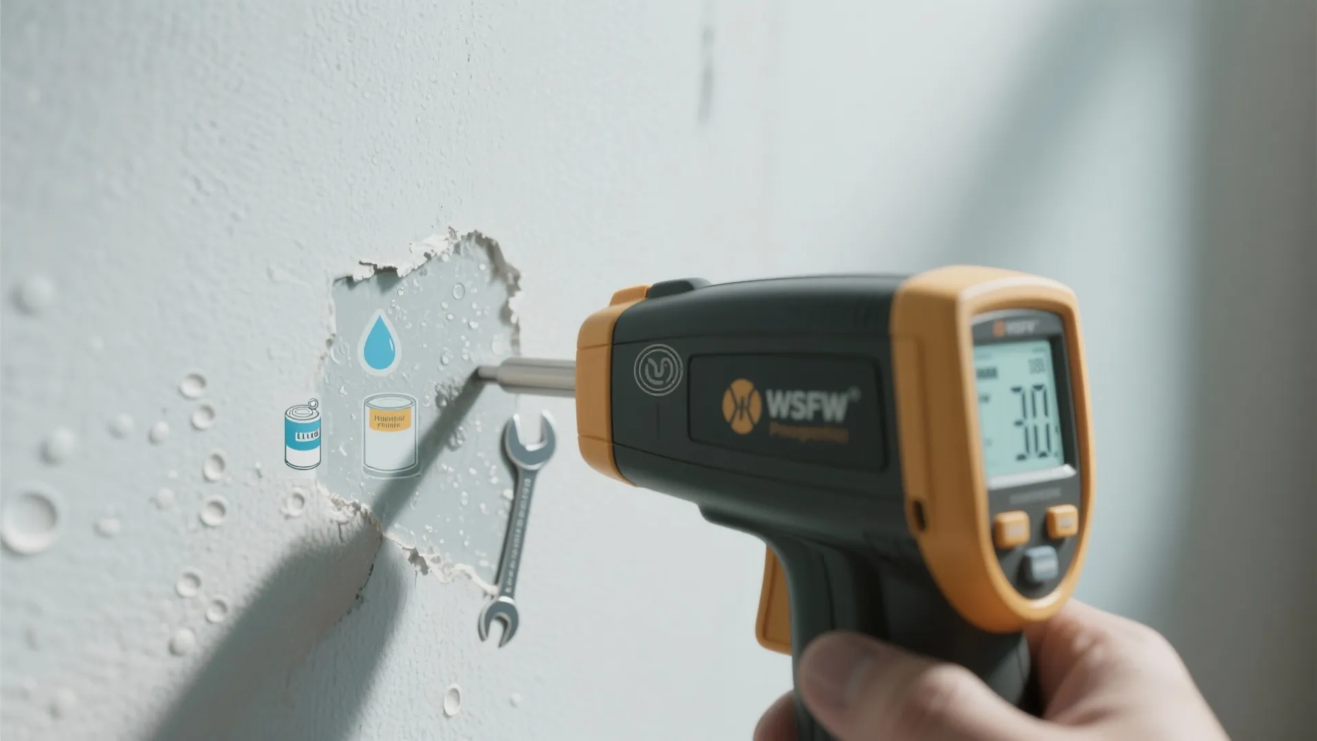 Close-up of a moisture meter on a wall with bubbled paint and small infographic icons about humidity and repair.