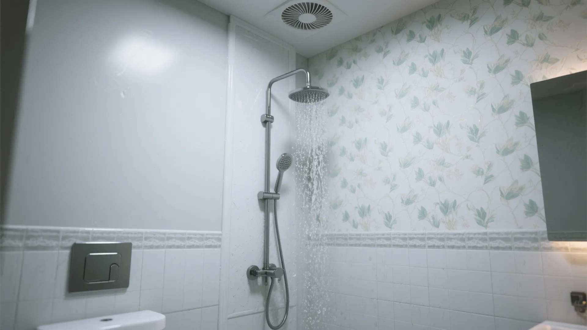Modern bathroom shower with running water against leaf pattern wallpaper and white tile wall design