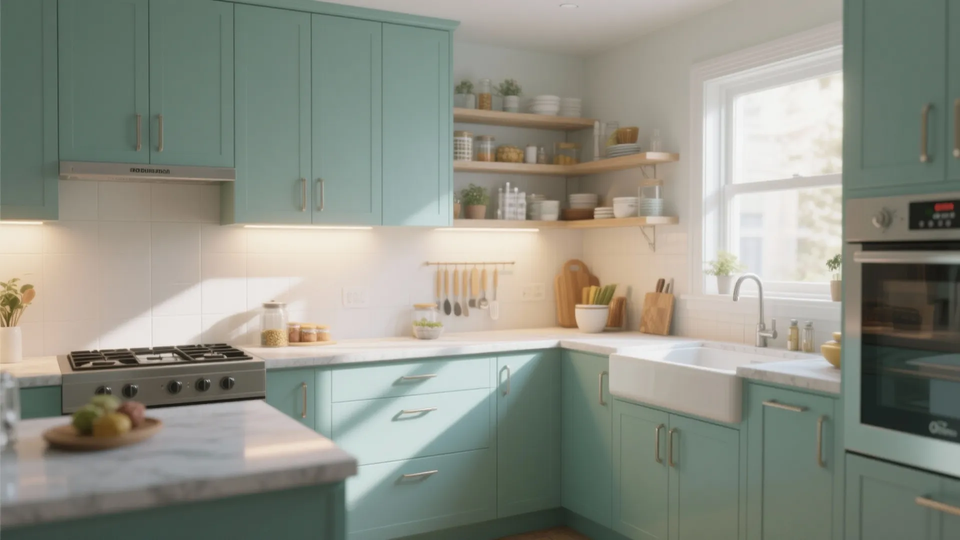 Light green kitchen design with marble countertop white sink gas stove wooden shelves and natural light