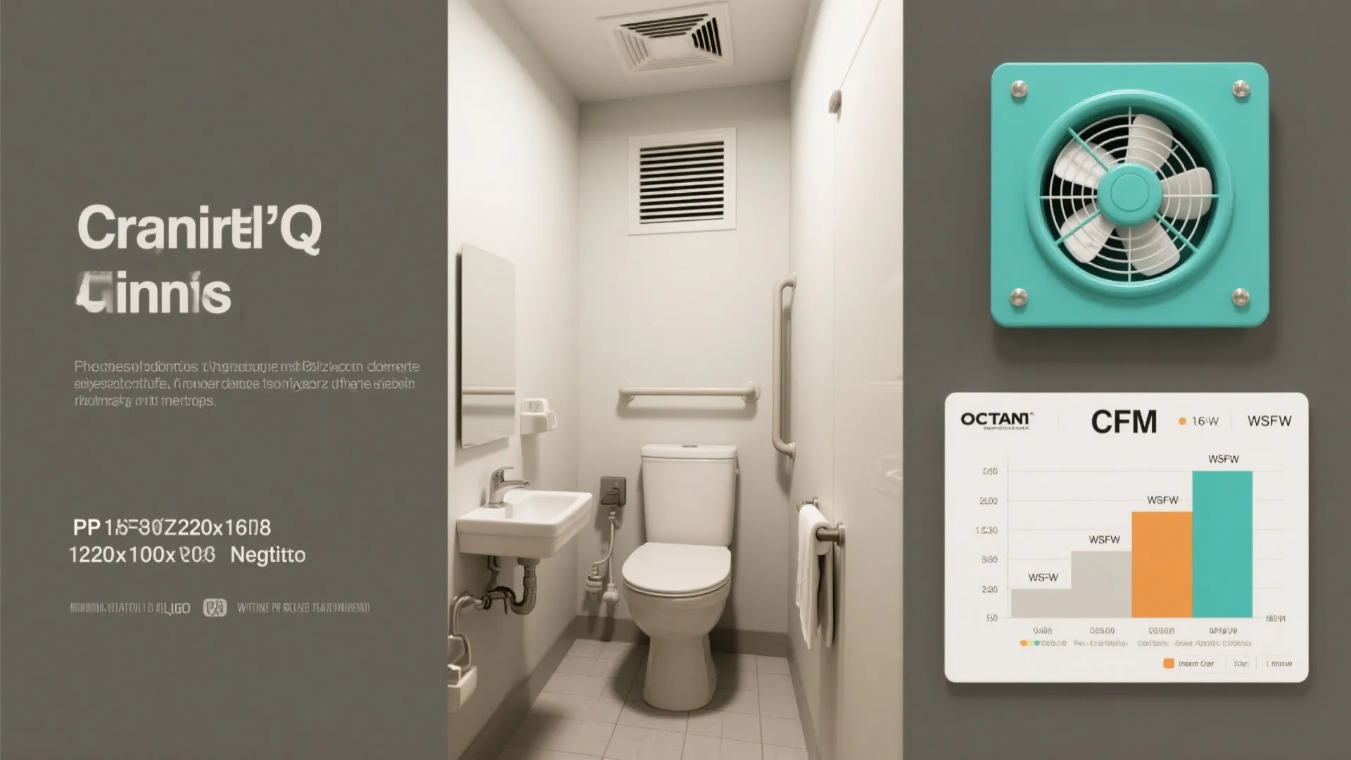 Montage of small-bathroom FAQ visuals including ventilation fan, grab bar, sink-over-toilet, and CFM chart.