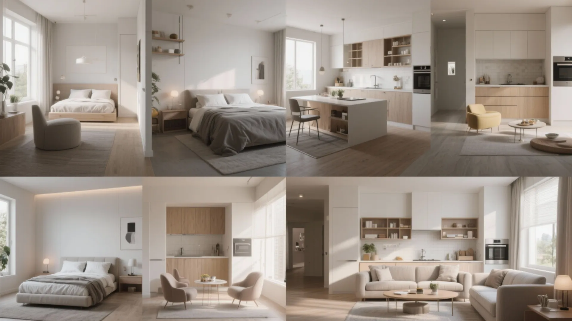 Montage showing various minimalist interior design drawings of bedrooms kitchens and living rooms with furniture