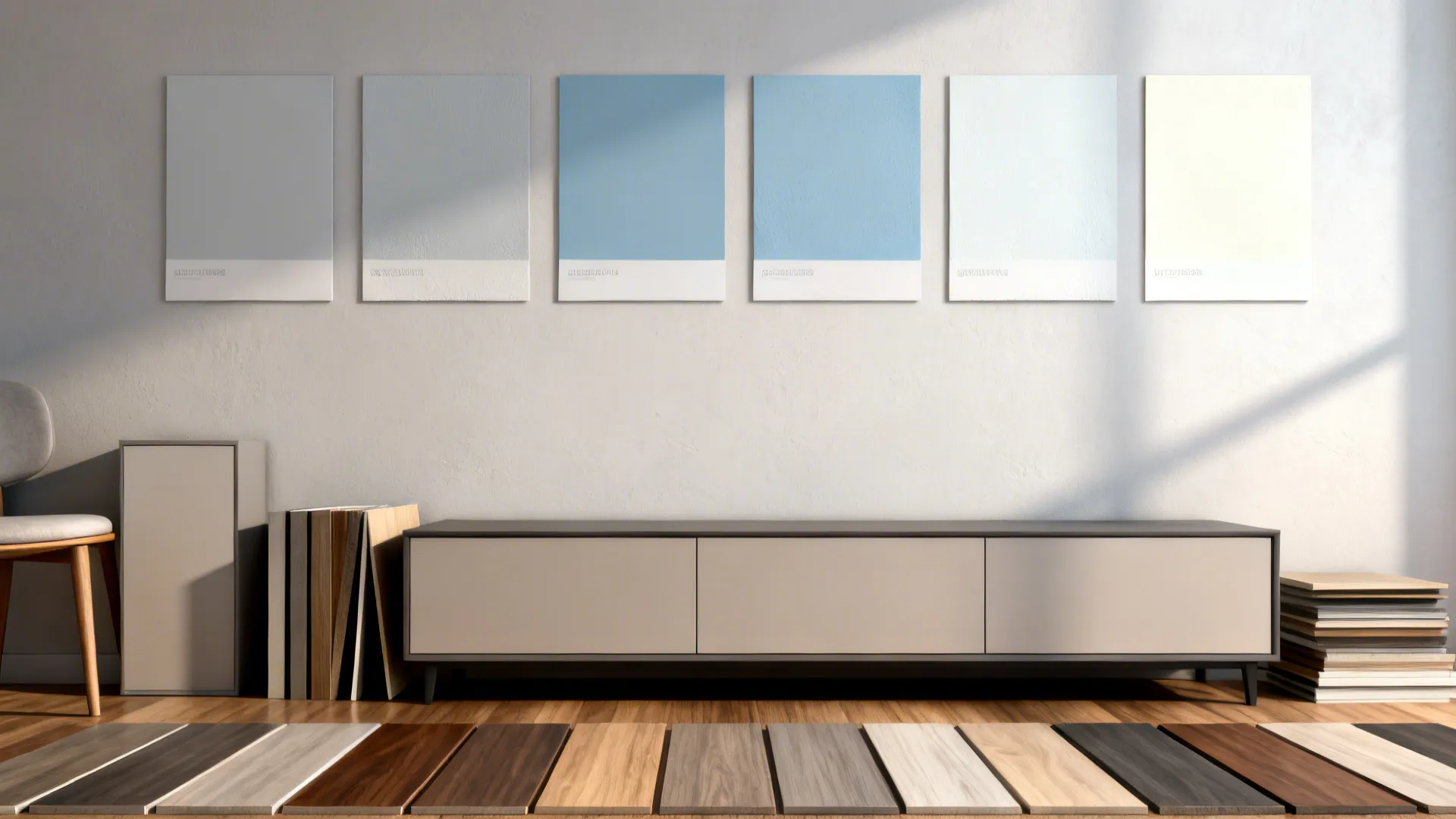 Montage of paint swatches, furniture layouts, and flooring samples addressing FAQs for long narrow living rooms.