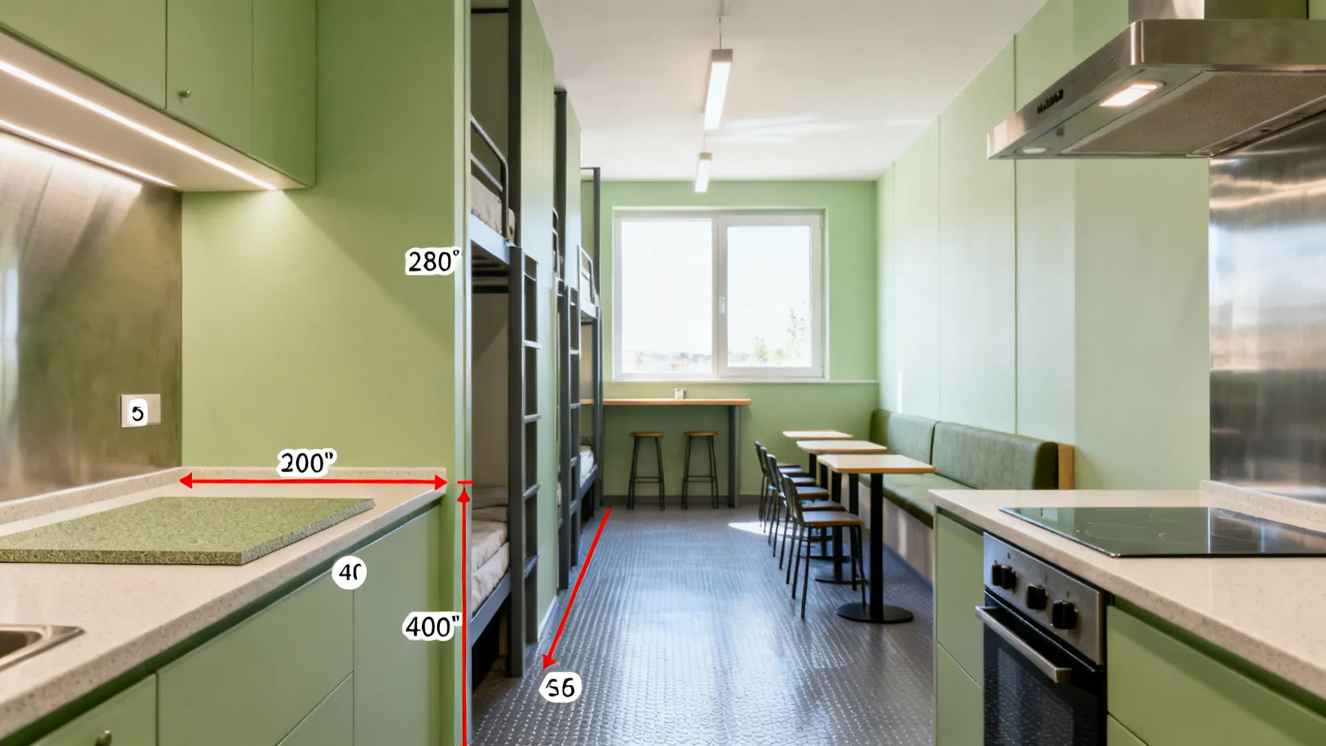 Montage of hostel kitchen standards: clear aisle, cleanable surfaces, mixed seating, quiet hood, slip-resistant floor.