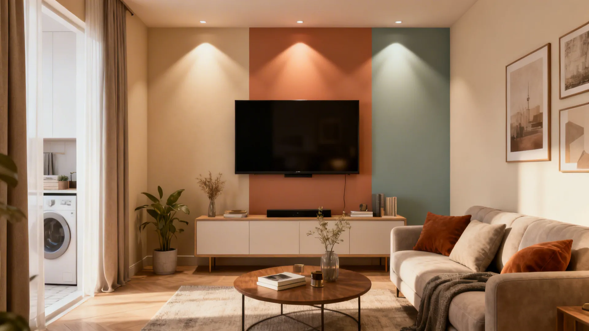 Montage of living room examples showing neutral walls, accent walls, and lighting tips