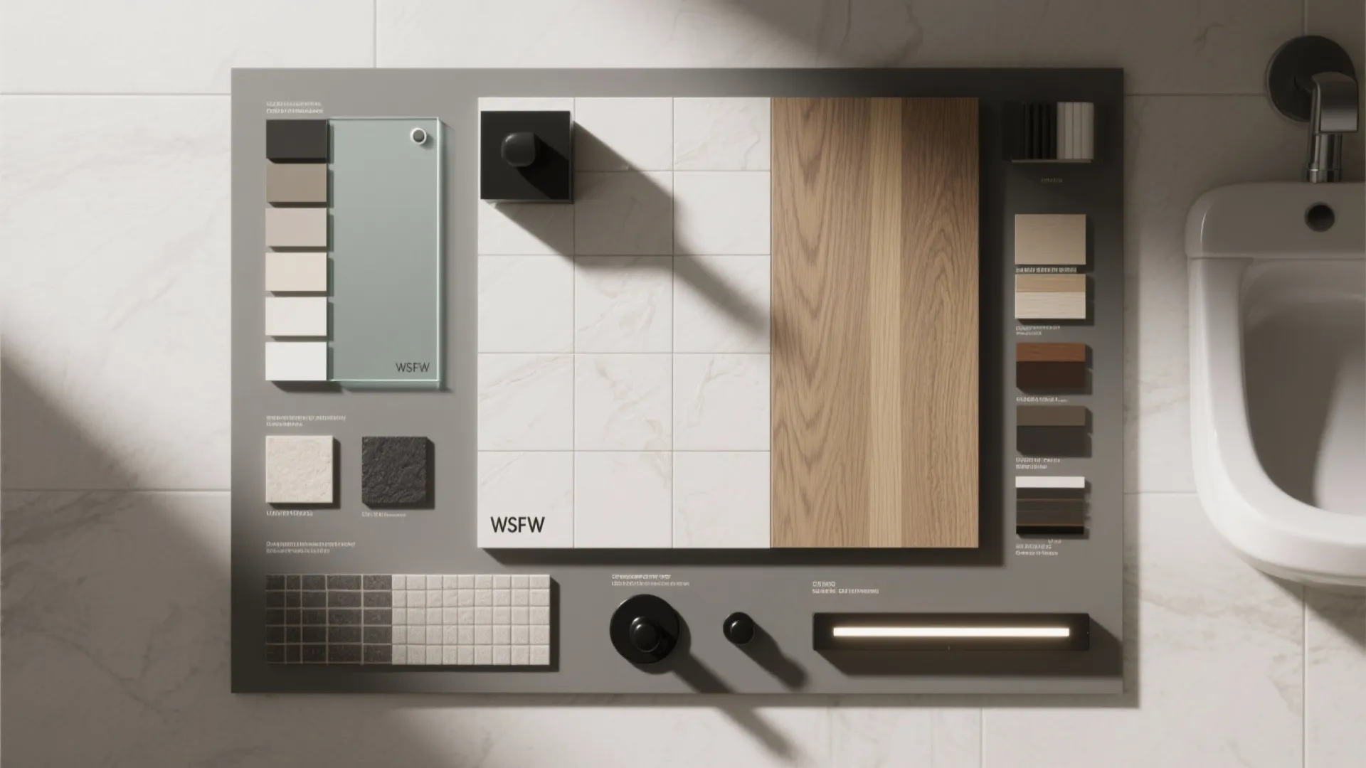 Interior design moodboard featuring marble tiles wood panels color swatches and hardware samples on grey