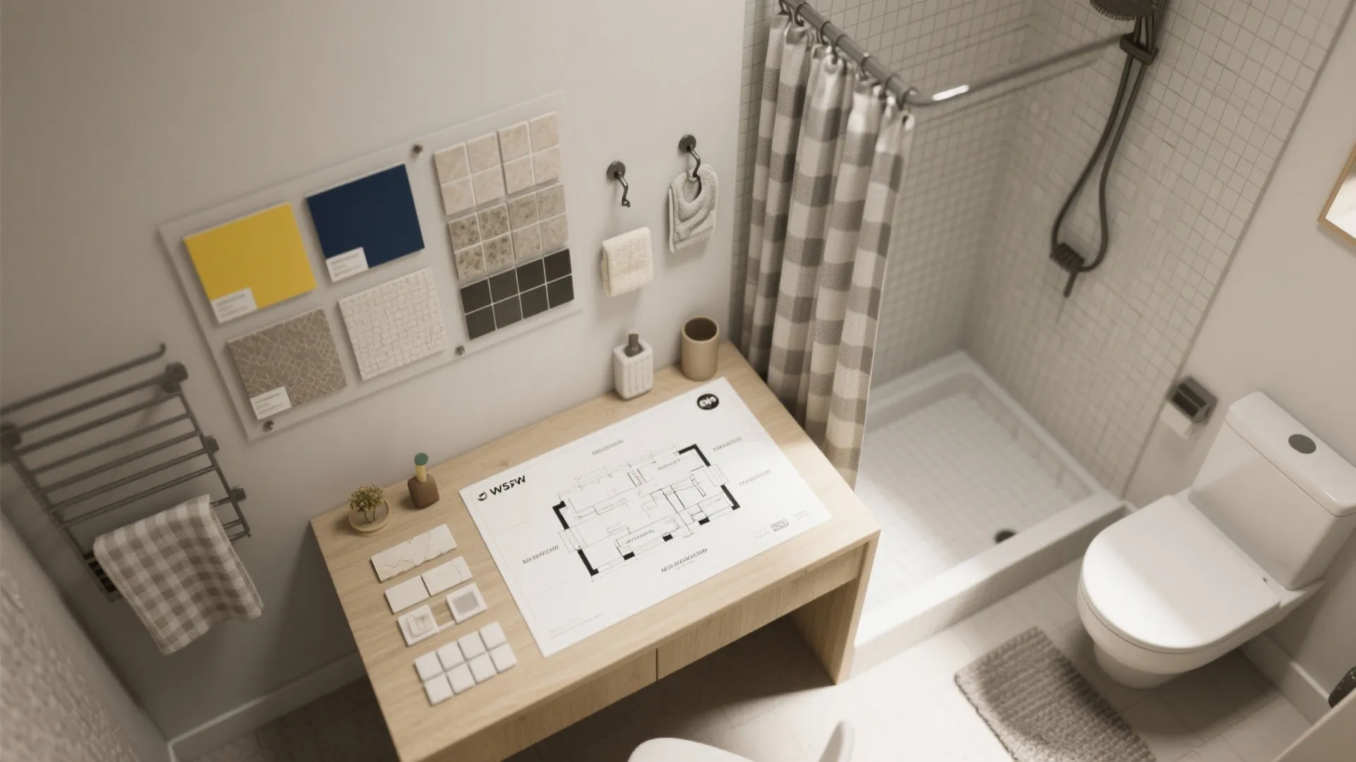 Top-down moodboard and mini layout with paint swatches, tile samples, curtain fabric, and accessory samples for pokemon bathroom planning.