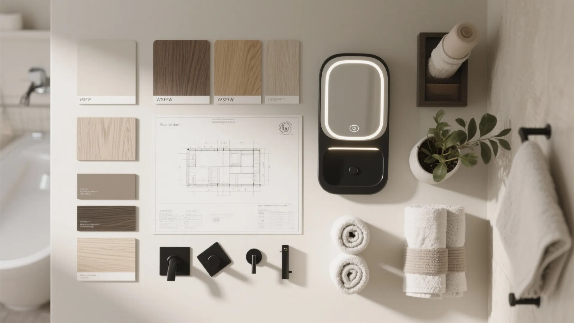 Moodboard flatlay of paint swatches, wood veneers, hardware samples, mirror sample and towels for bathroom planning.