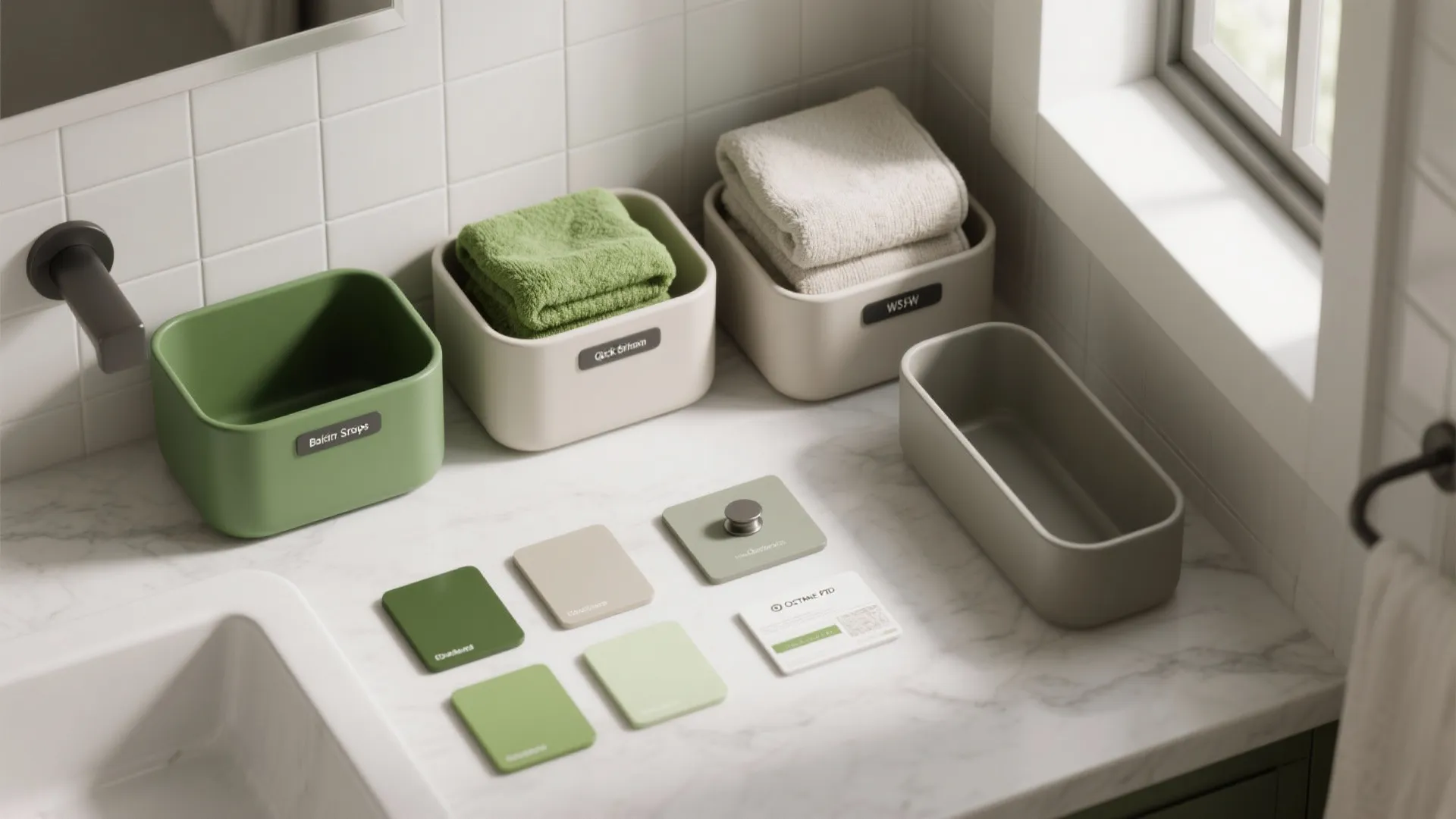 Top-down moodboard showing paint chips, towels, hardware samples and labeled storage bins for seasonal swaps.