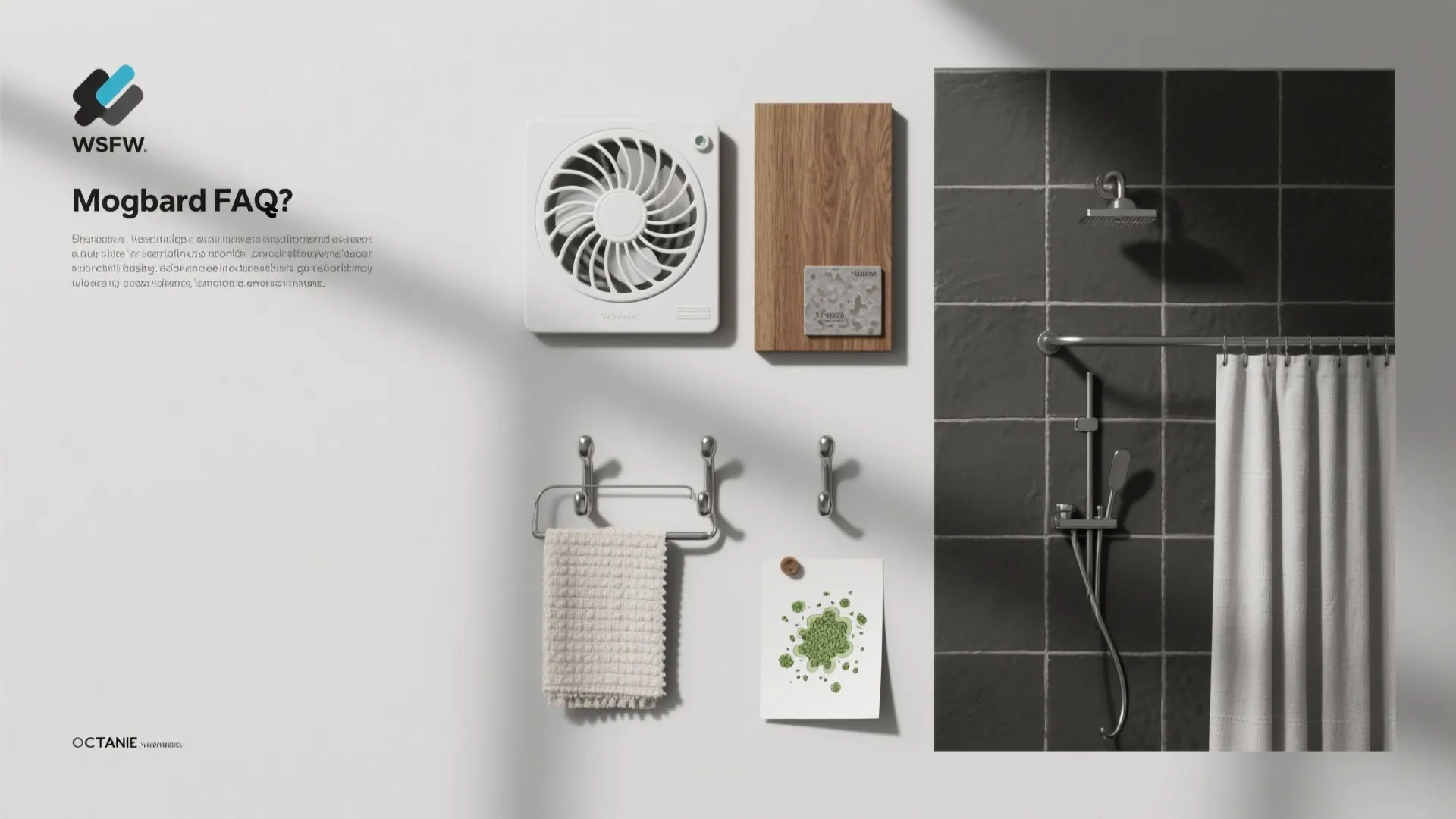 Top-down moodboard showing ventilation, washable textiles, sealed wood, dark grout sample and budget accent ideas.