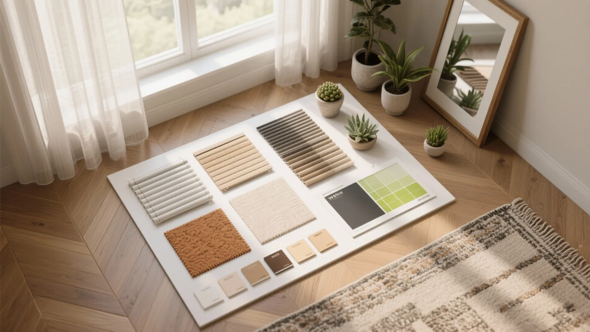 Interior design mood board on floor with fabric samples color swatches and small green plants
