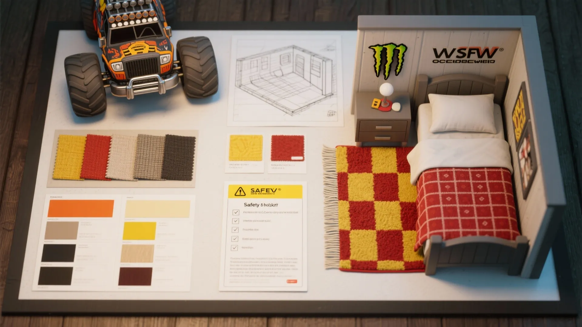 Interior design moodboard showing a toy truck room layout sketch and colorful fabric material samples