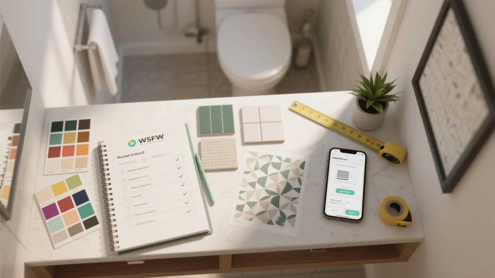 Bathroom renovation moodboard with tile samples, color swatches, notebook, measuring tape, and a mobile phone