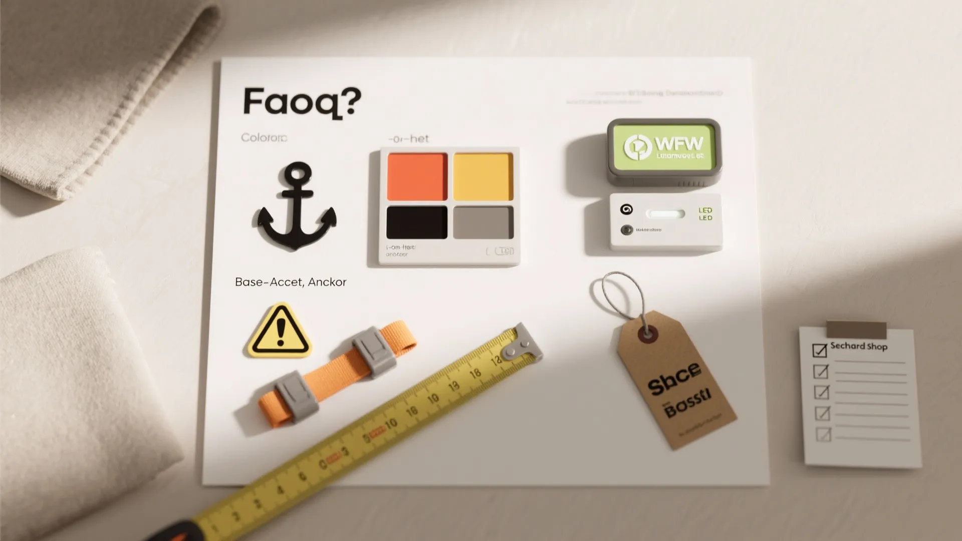 Interior design mood board with color palette tape measure anchor symbol and various decoration items