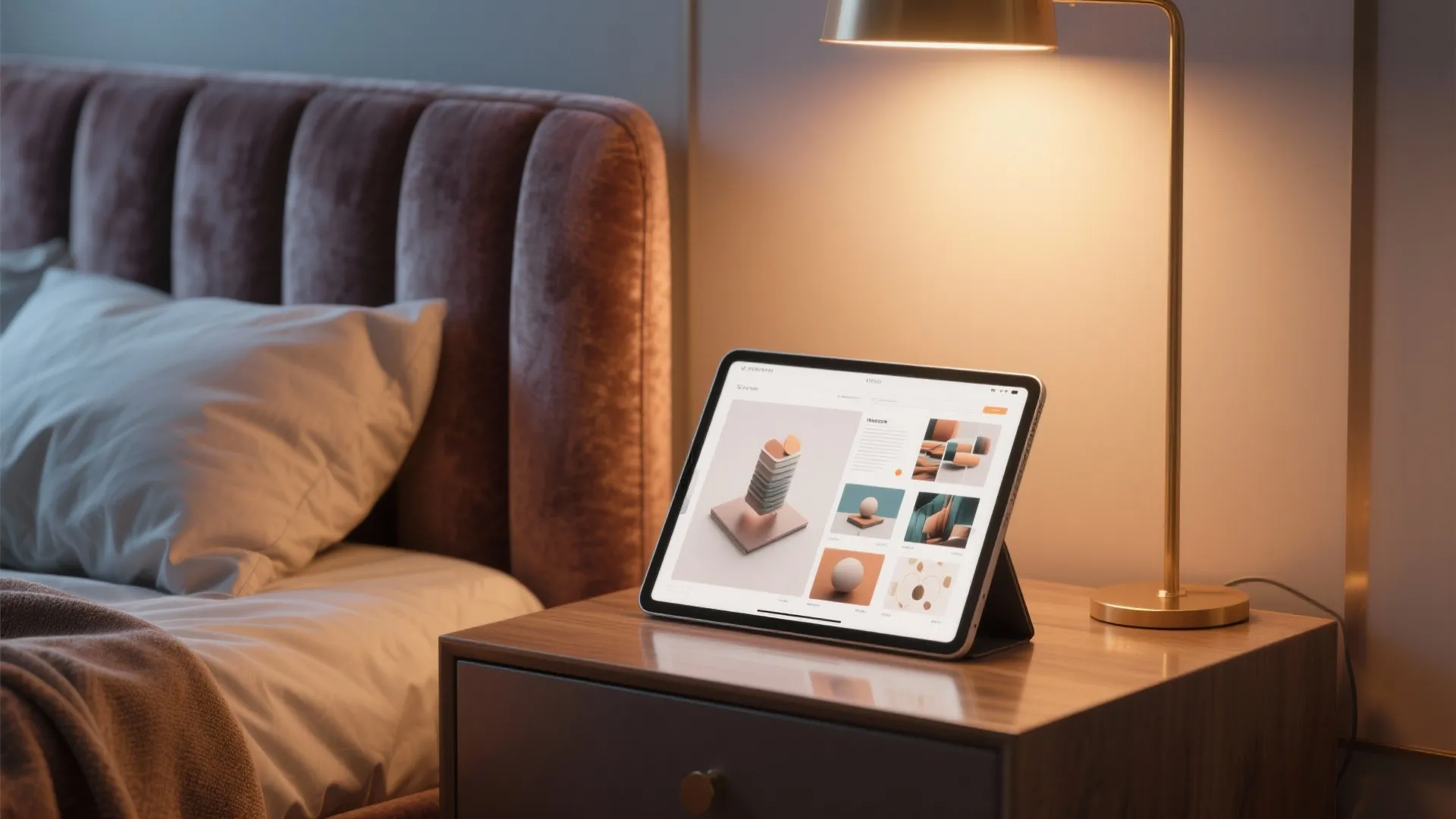 Tablet on wooden nightstand showing interior design moodboard next to a gold desk table light
