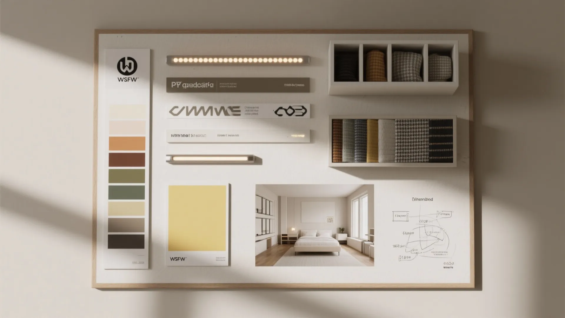 Moodboard flatlay with paint chips, decal samples, LED strip and fabric swatches for client FAQ and presentation.