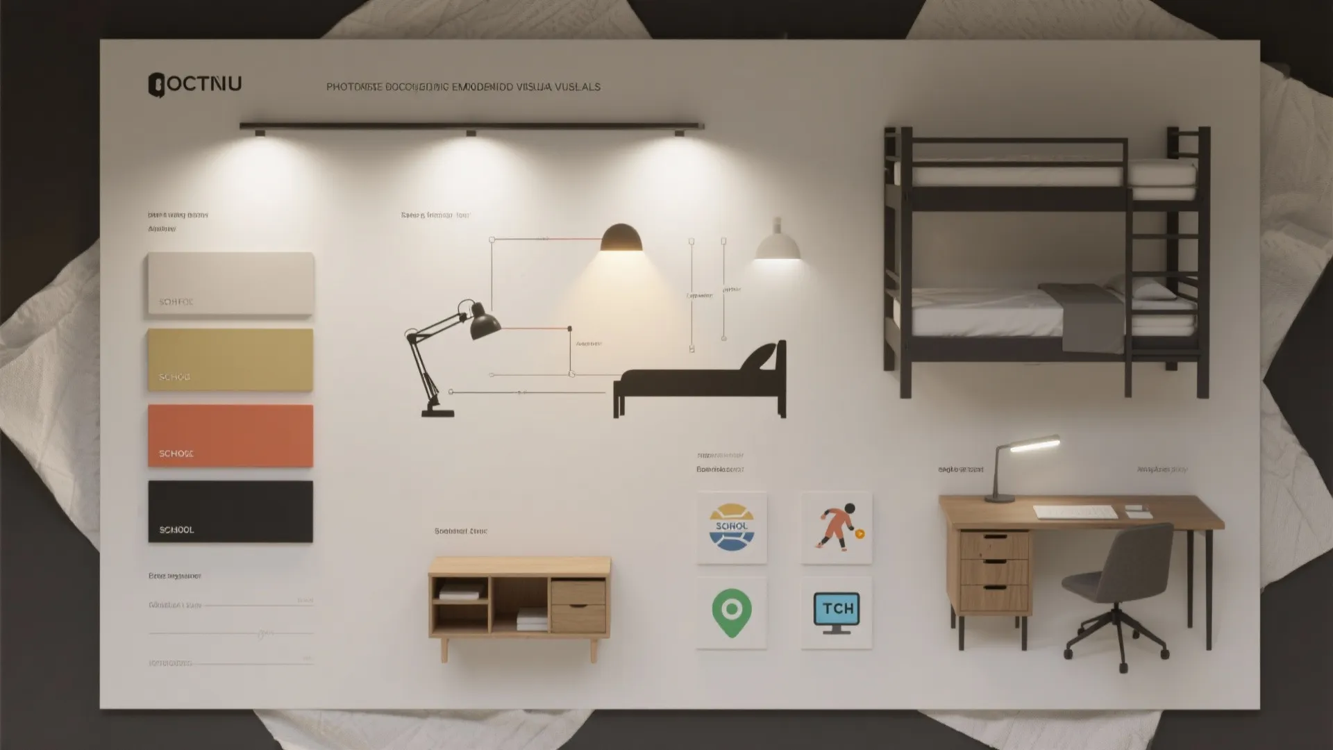 Moodboard showing color swatches, lighting layers, and storage icons for teen bedroom FAQs.