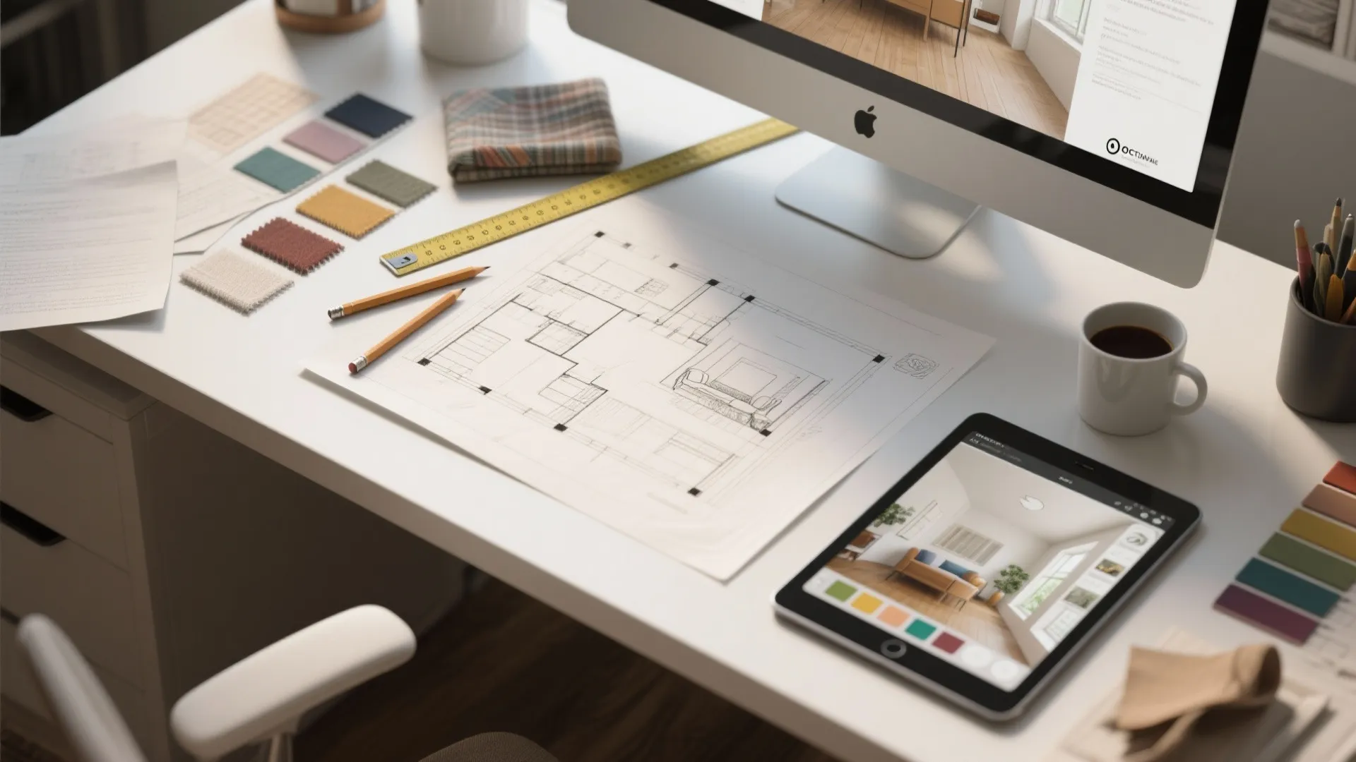 Designer workspace with floor plan drawing computer tablet color fabric samples coffee cup and pencils