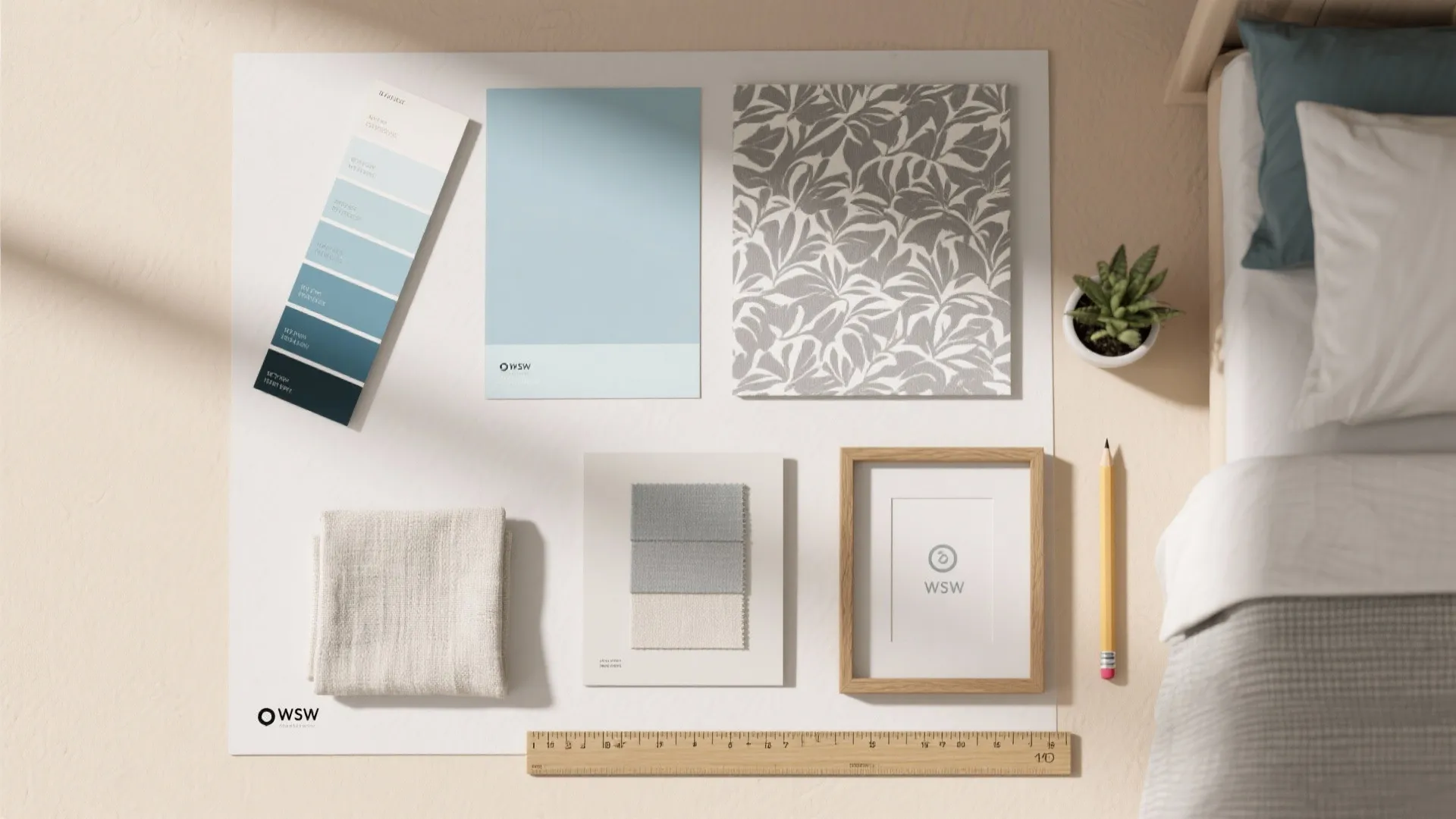Interior design mood board with blue color swatches patterned wallpaper fabric samples pencil and ruler