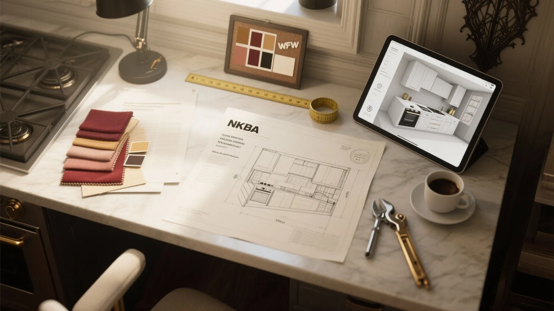 Interior design workspace with kitchen sketch tablet showing 3D model fabric samples and coffee cup