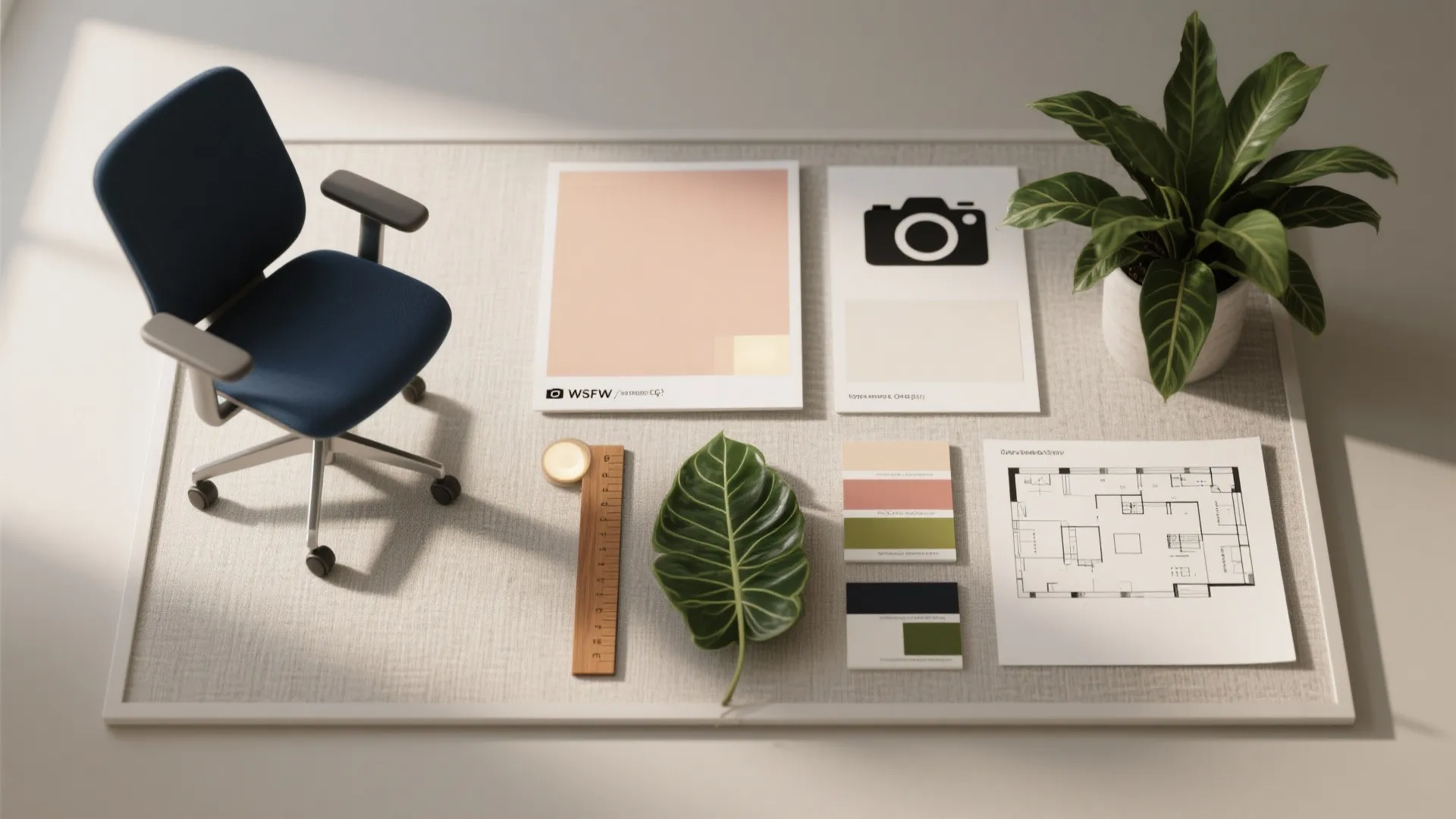 Interior design moodboard with blue chair floor plan color samples plant and wooden ruler tool