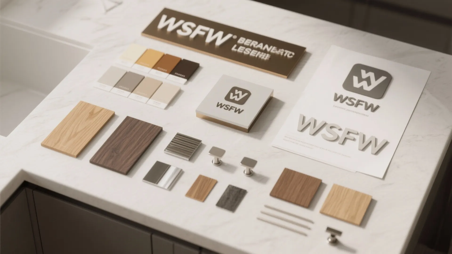 Physical moodboard on white counter with wood samples color swatches and metal cabinet hardware pieces