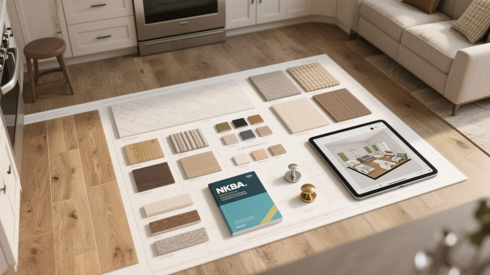 Interior design moodboard on floor showing wood samples fabric swatches and a tablet with drawings