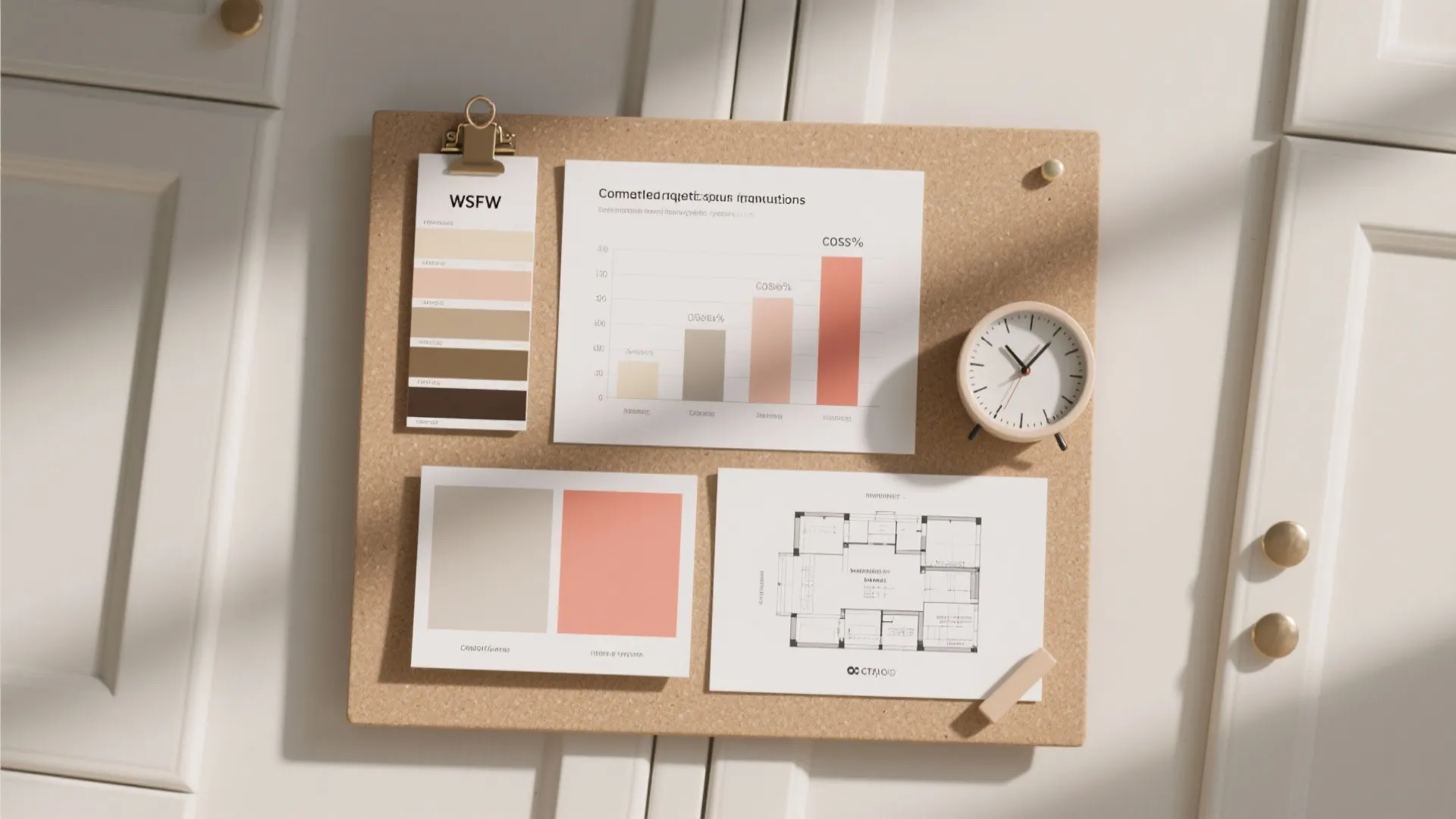 Cork board showing interior design drawing bar chart color swatches and small round desk clock