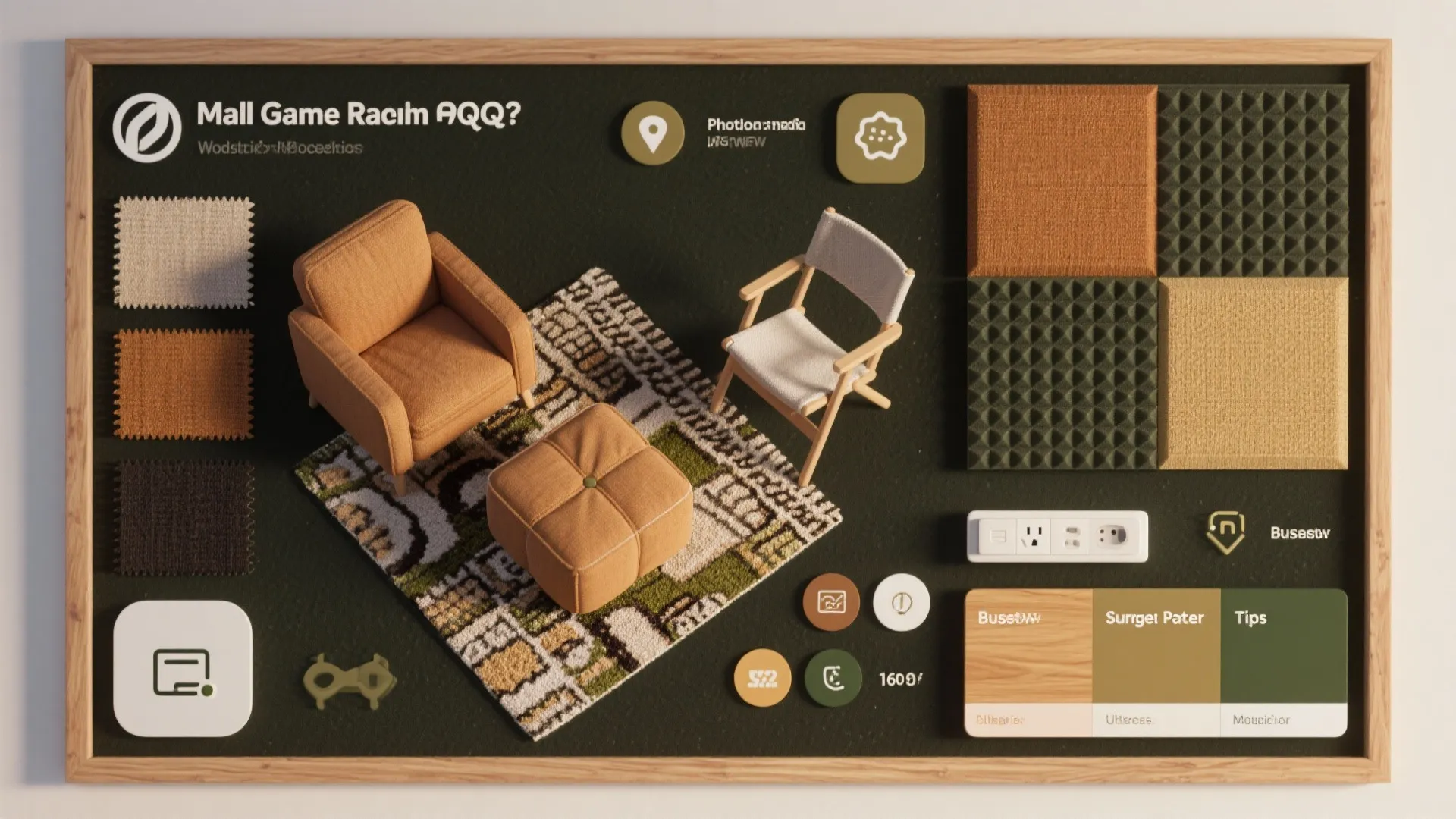 Interior design mood board showing orange sofa, footrest, fabric samples, and green wall panel textures