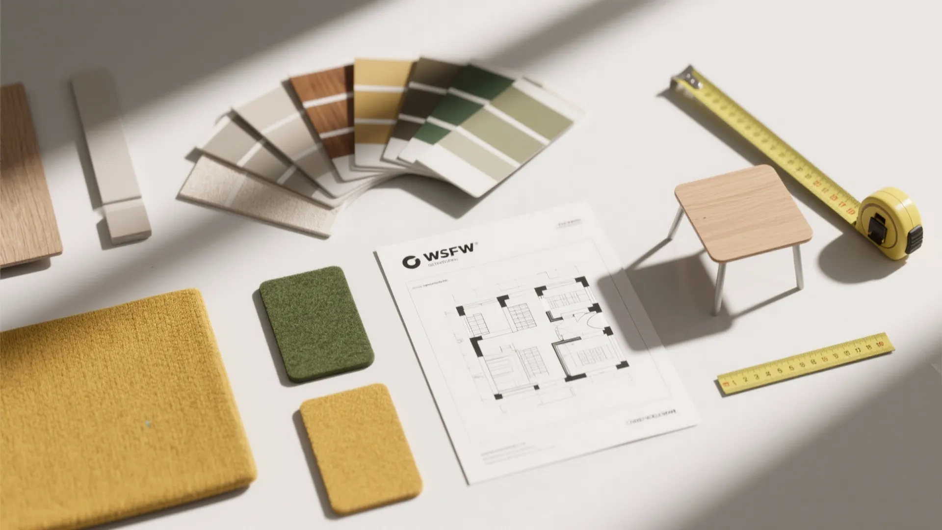 Interior design mood board with floor plan drawing color swatches fabric samples and measuring tape