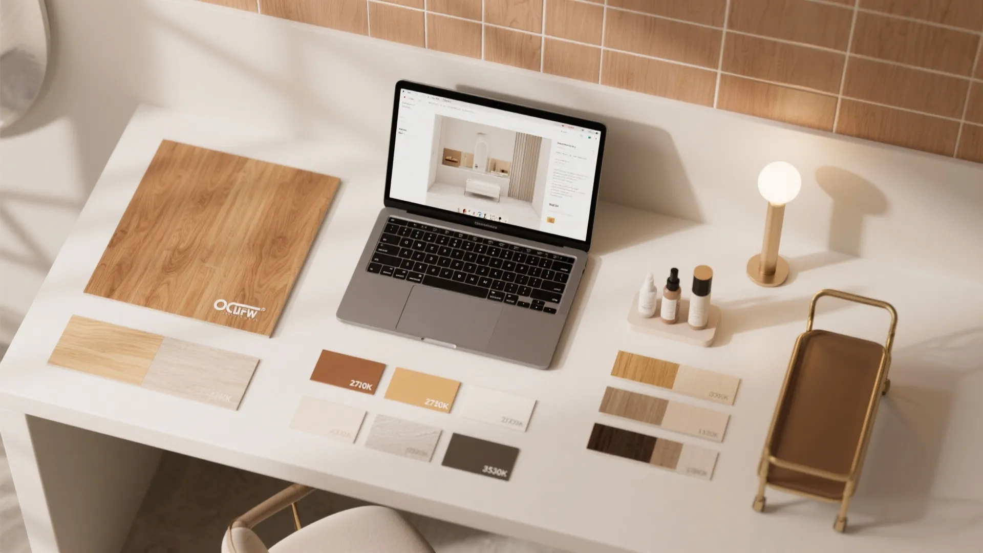 Laptop on white desk showing interior design drawing surrounded by wood samples and color cards