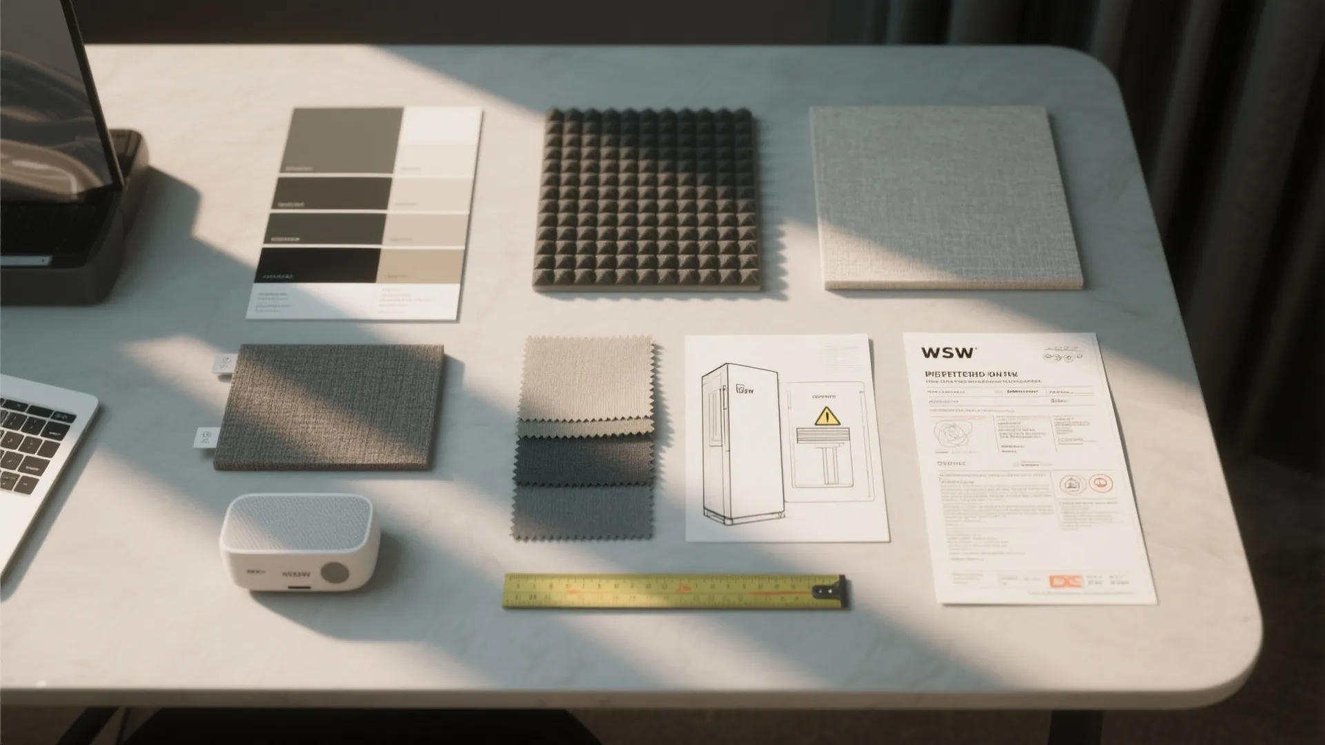 Top-down moodboard with paint swatches, acoustic sample, electrical safety brochure and smart tech for a mancave.