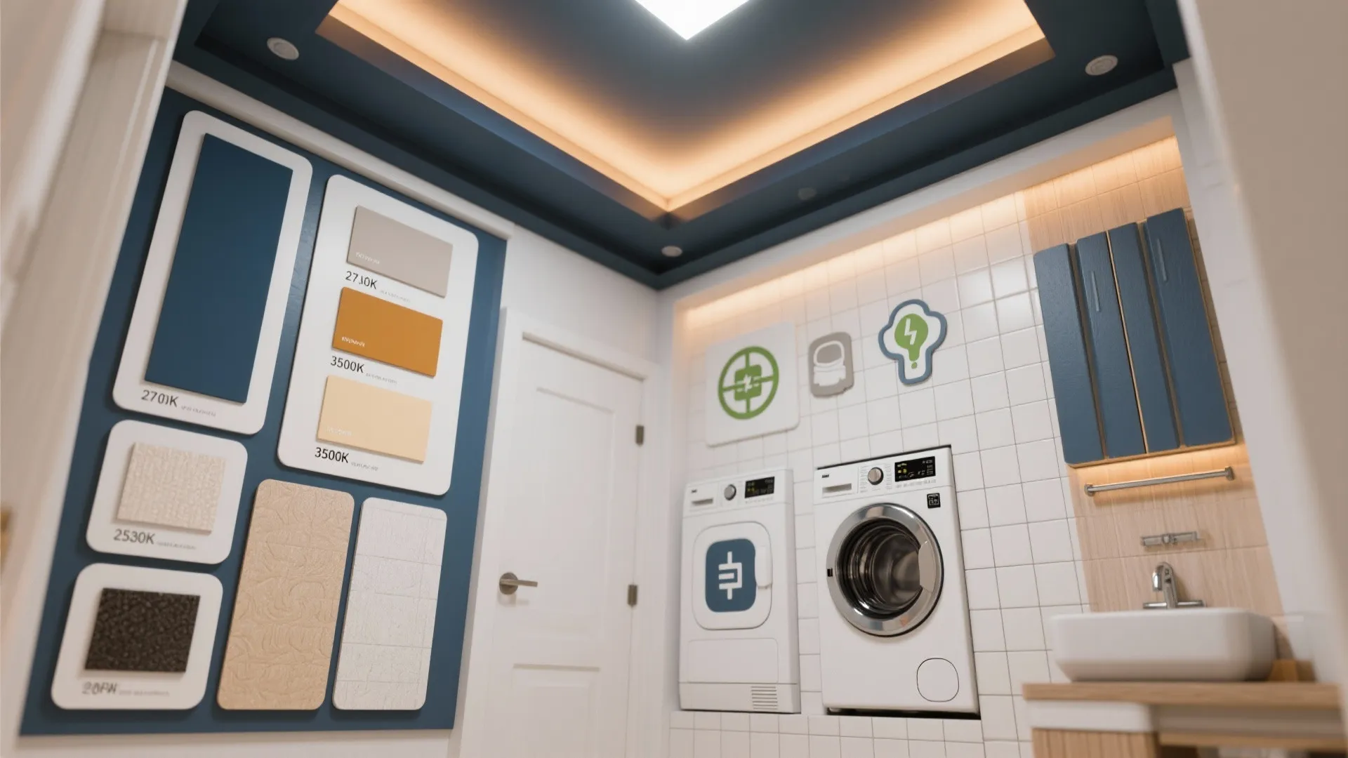 Modern laundry room mood board with color palettes tile samples washing machine and a white sink