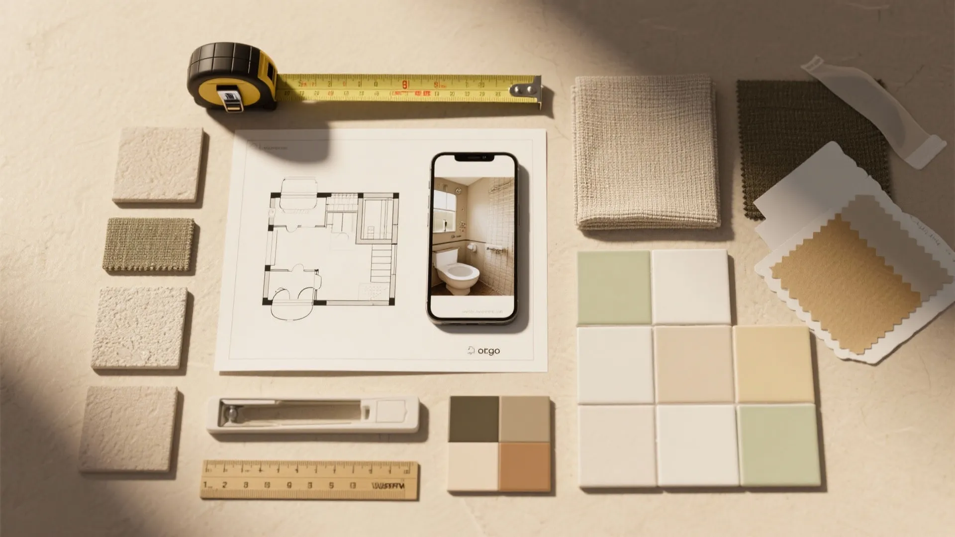 Moodboard with measuring tape, fabric swatches, photos and a floor plan for visualizing bathroom updates.
