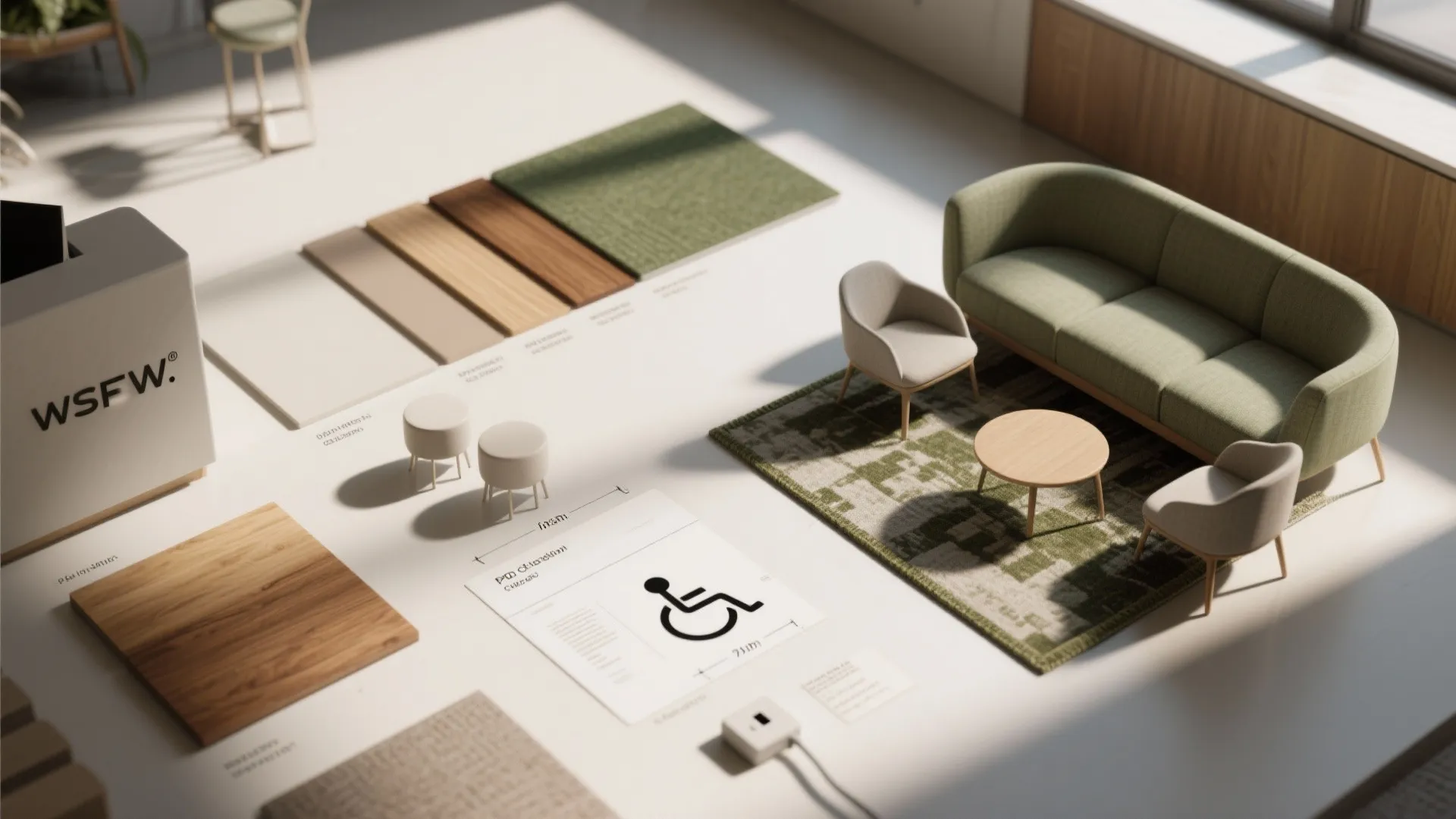 Interior design moodboard showing floor samples green sofa wooden coffee table and small room layout drawing