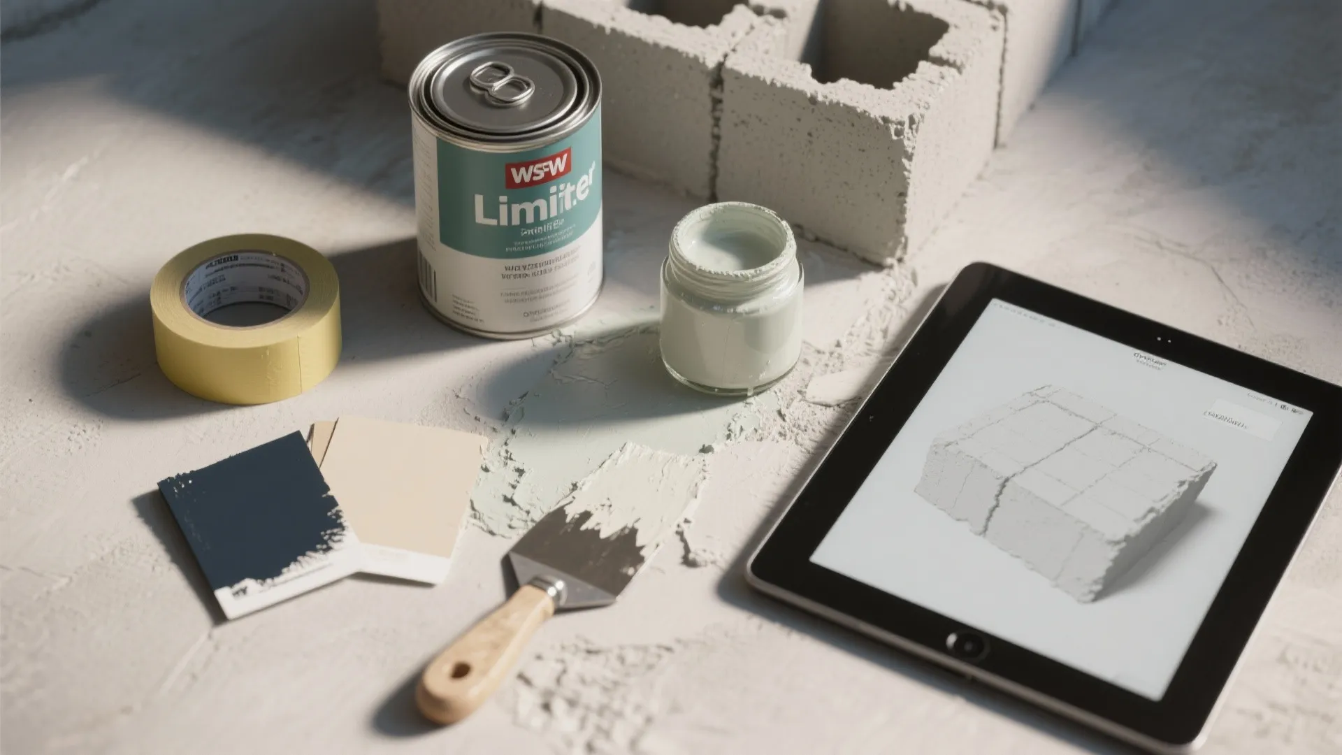 Flatlay moodboard of masonry primer, limewash, tools, color swatches and a tablet with a digital mockup for cinder block finishes.