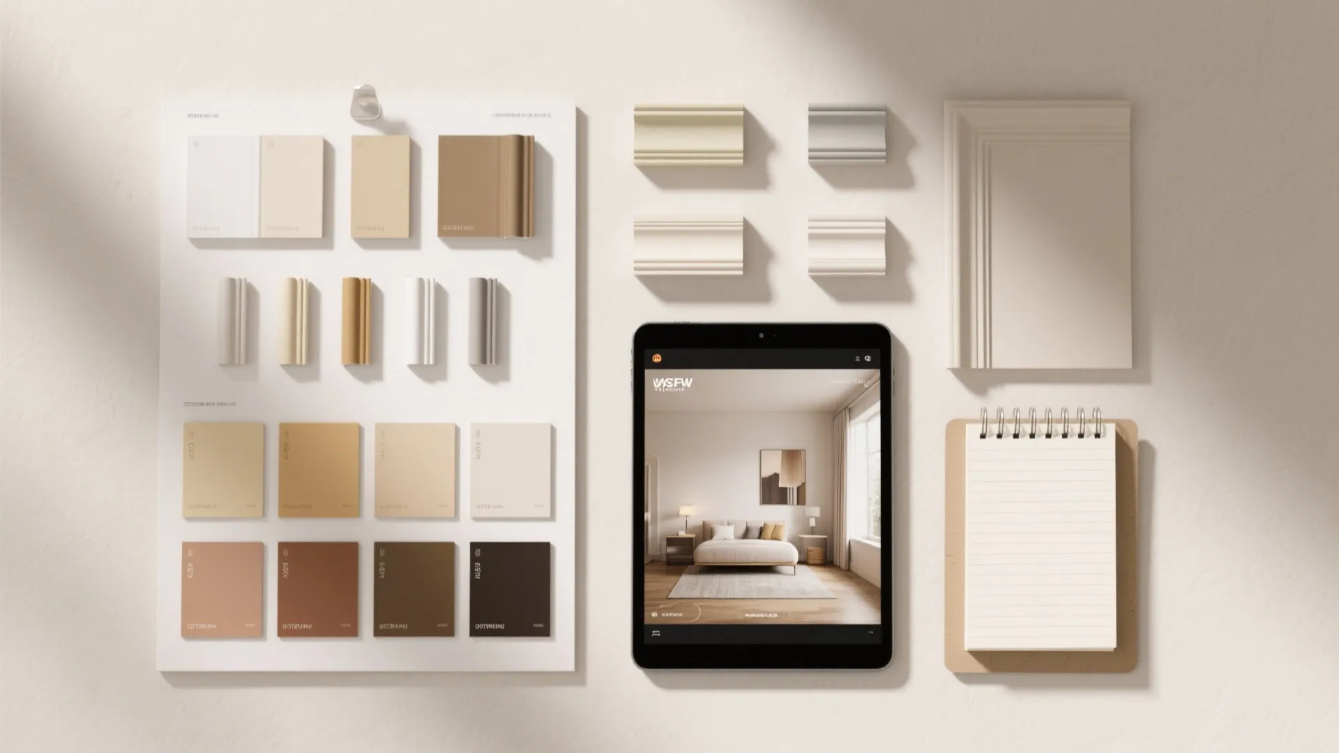 Mood board showing interior design color samples decorative trim and a tablet with bedroom rendering