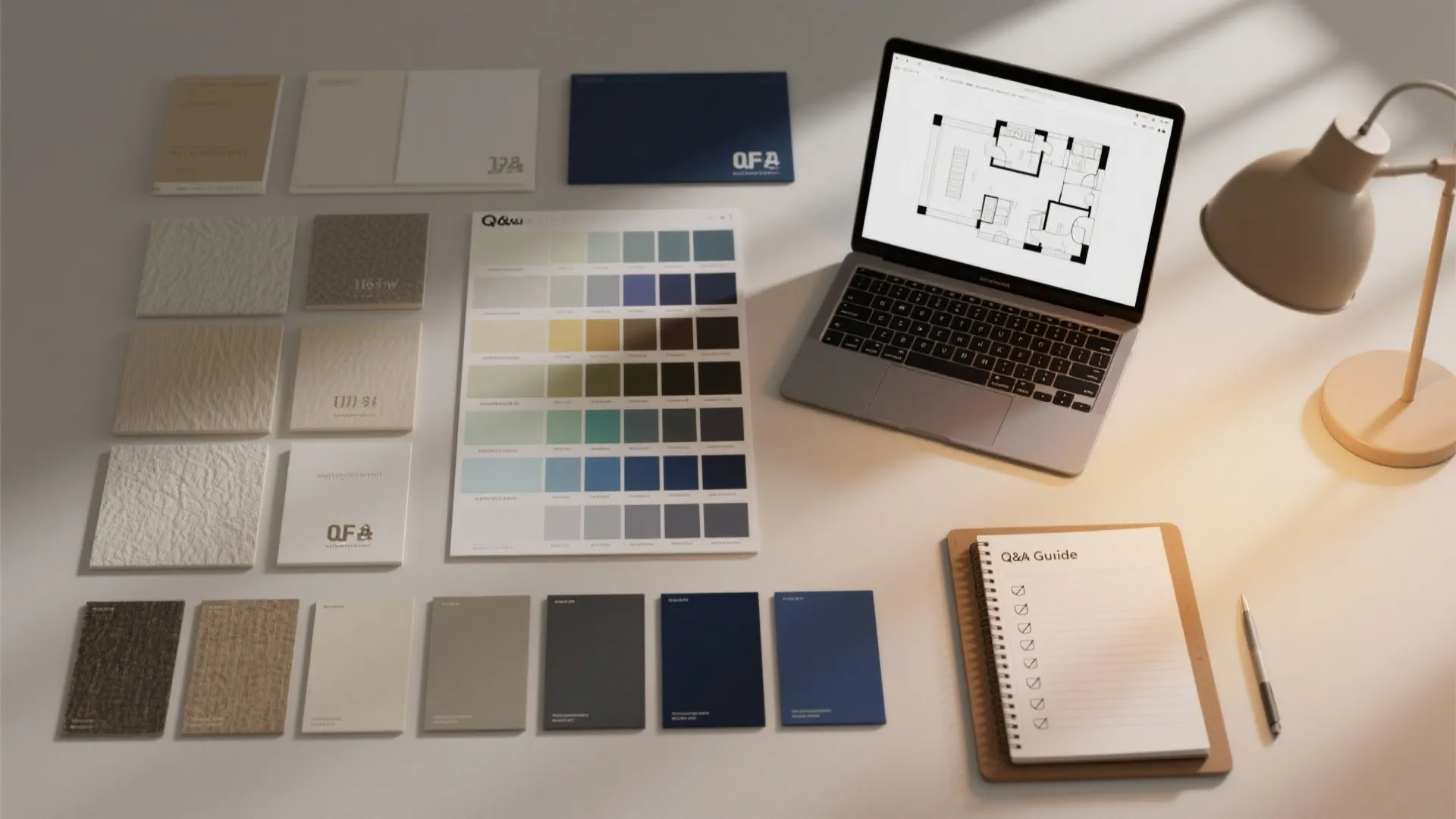 Laptop showing floor plan next to material samples and table light on a white desk