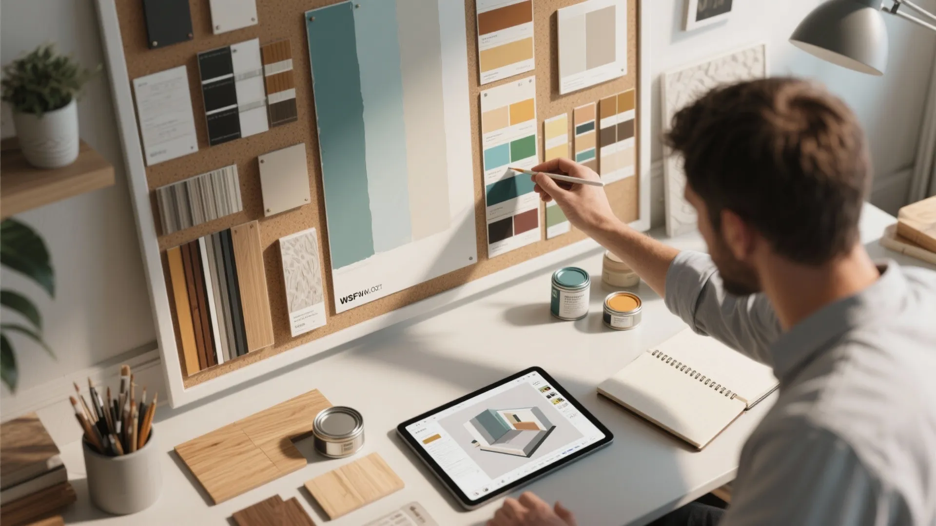 Interior designer using a tablet to create a room layout with color palettes on wall board