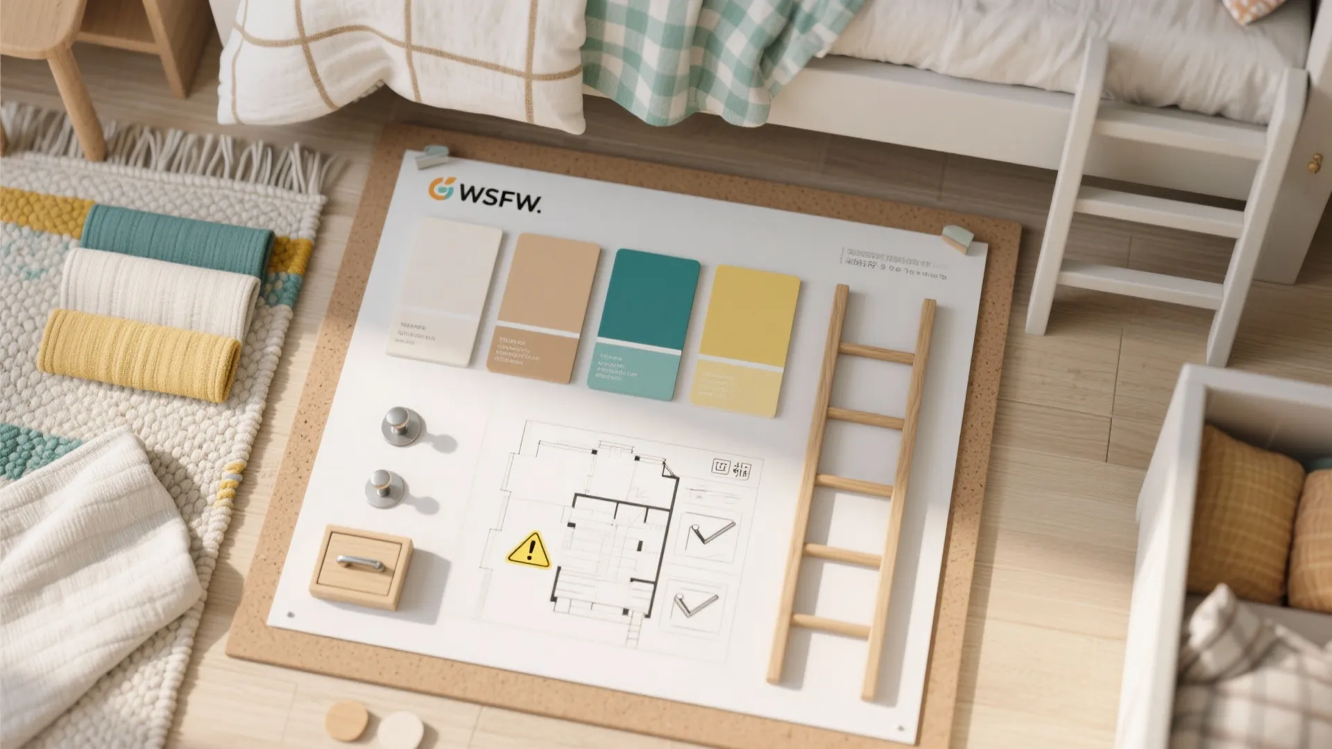 Top-down moodboard with fabric swatches, color chips, hardware samples and a mini floor plan for a shared kids' room.