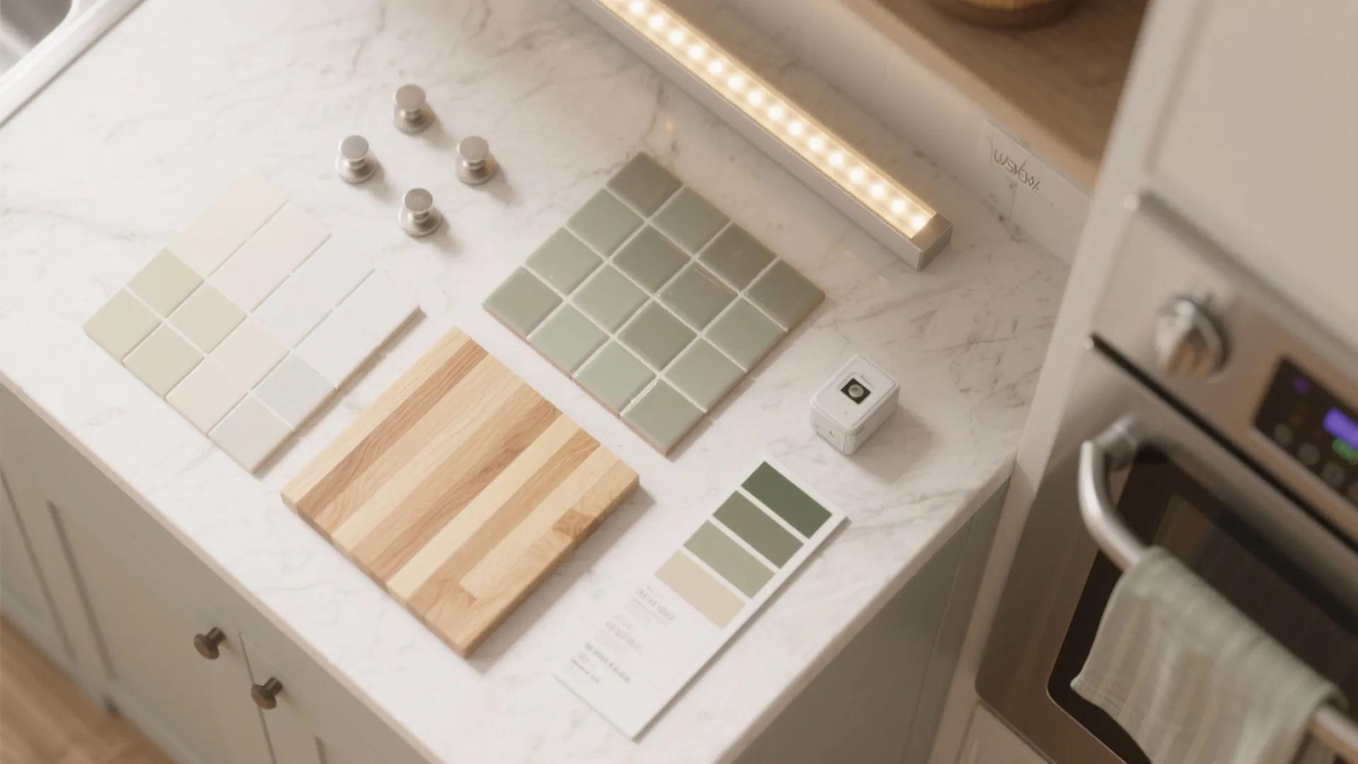 Flatlay moodboard of color swatches, tile and hardware samples for planning a galley kitchen refresh.