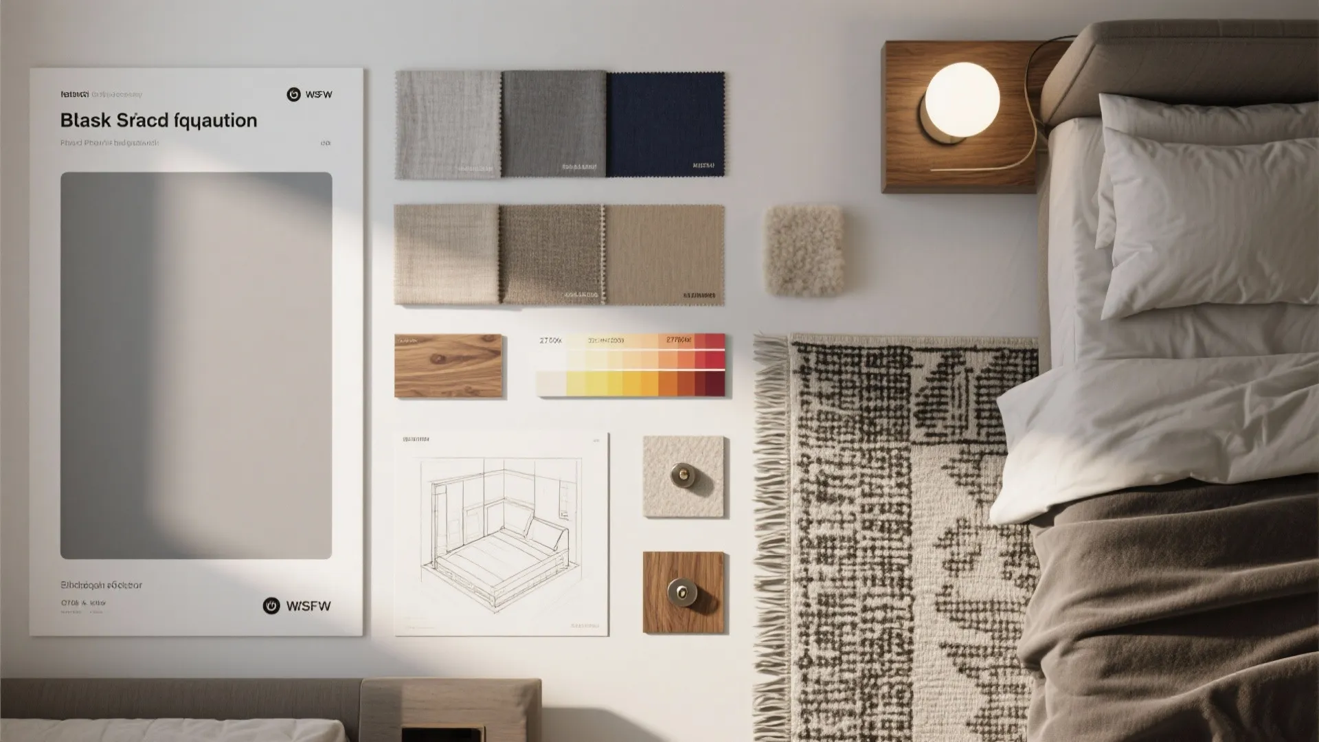 Interior design mood board with fabric swatches wood samples color palette and room layout drawing