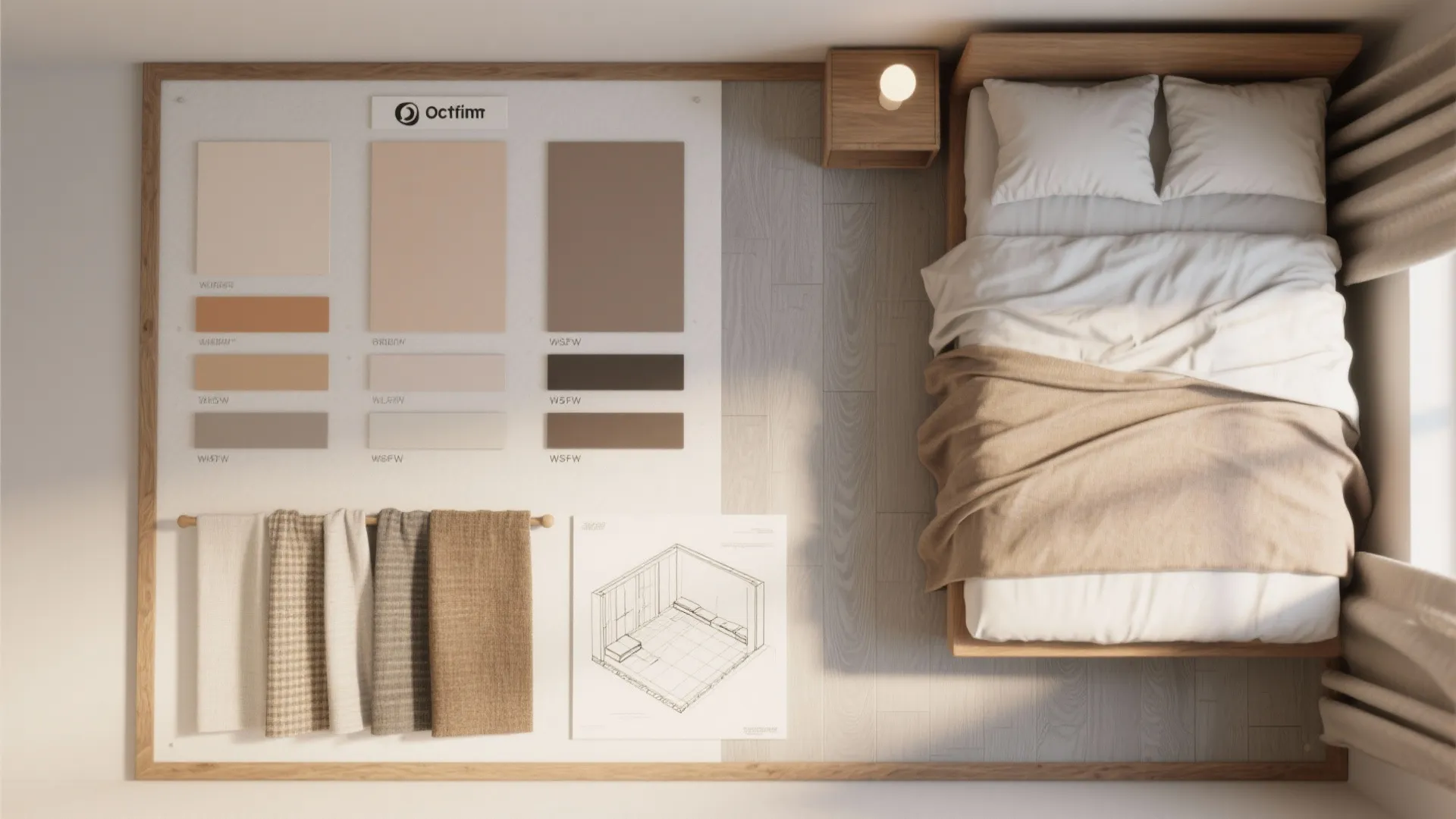 Top view of a bedroom mood board with color samples fabrics and interior design drawing