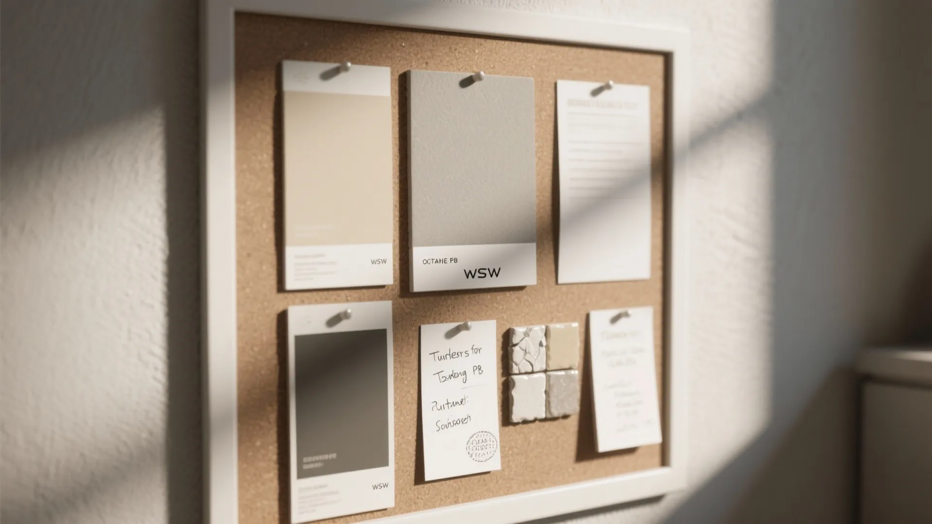 Cork board mood board featuring neutral color swatches paper notes and small stone tiles sunlight