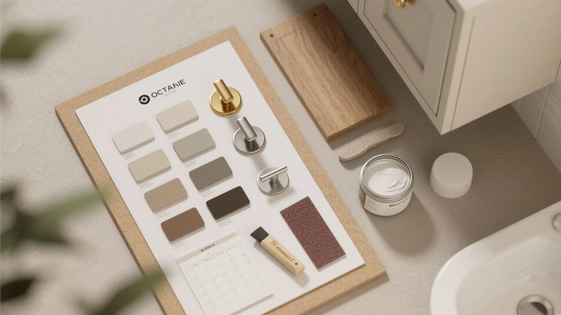 Interior design mood board with color samples wood board metal knobs and a paint container