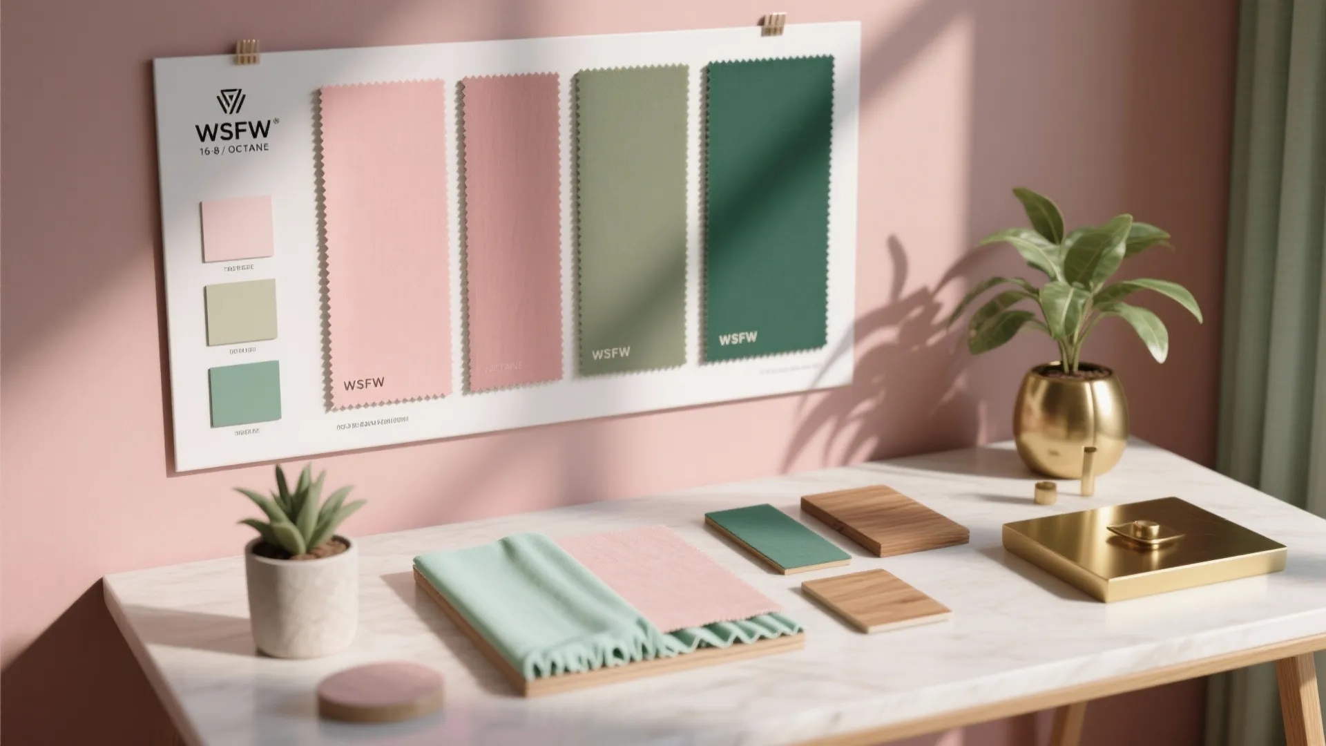 Interior design mood board with pink and green fabric swatches on a white marble desk