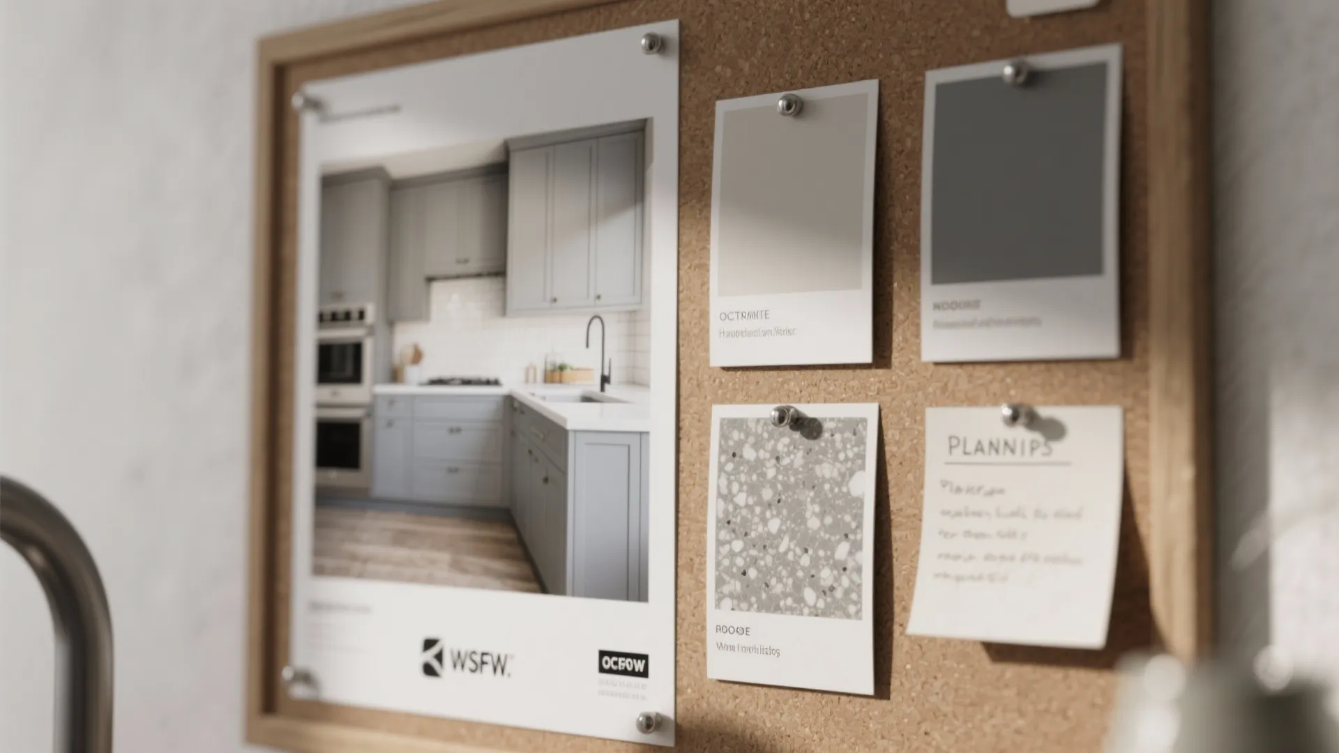 Moodboard with gray shaker kitchen inspiration photos and material samples