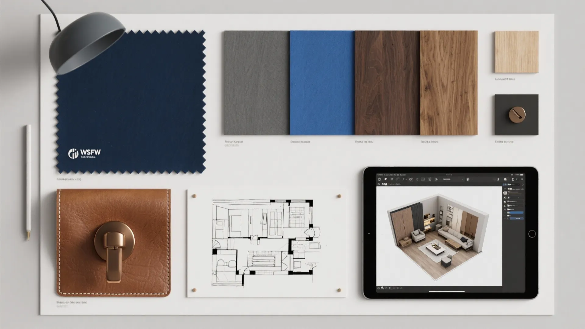 Moodboard of blue and brown swatches, wood samples, leather and bronze accents with a small layout sketch